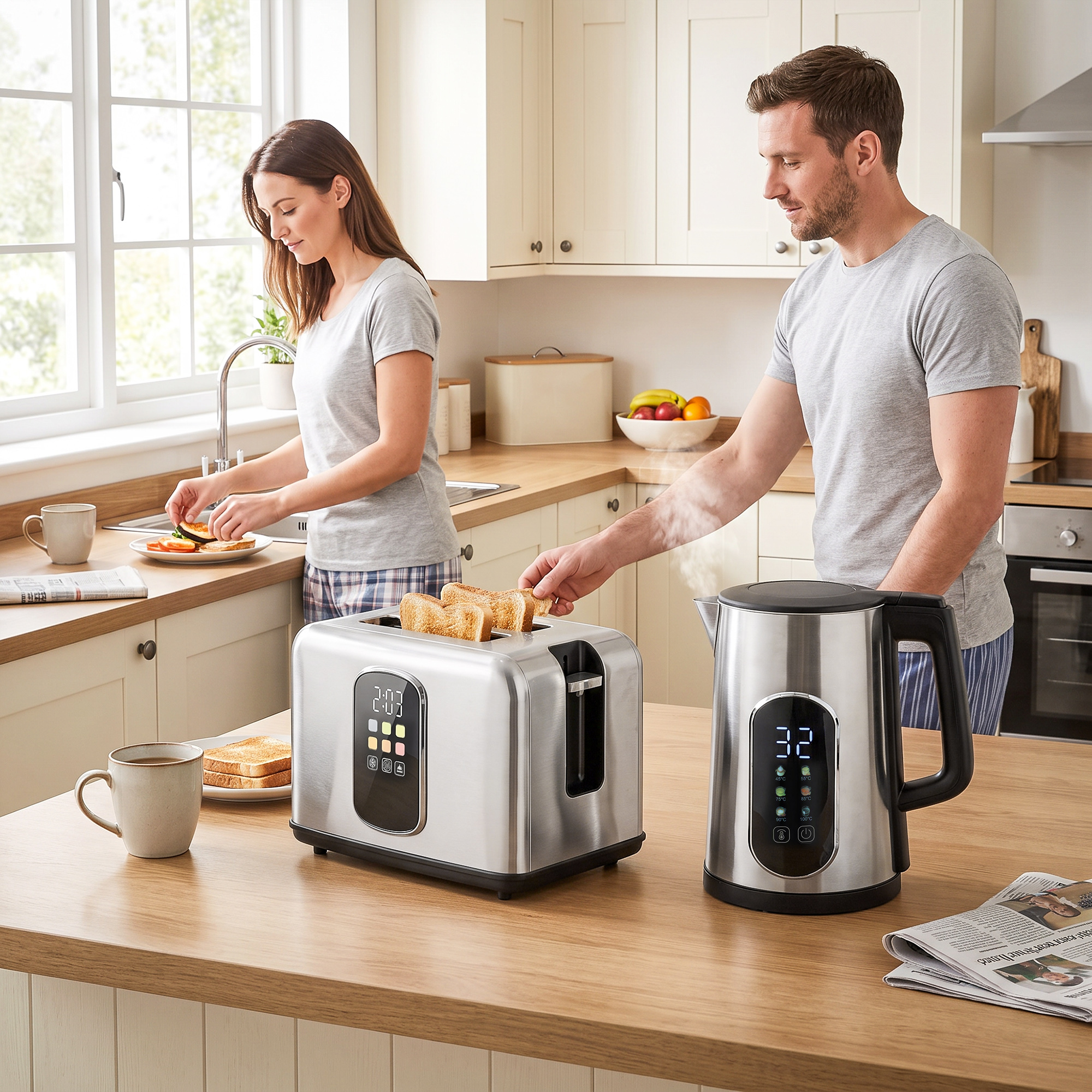 1,5-l-Wasserkocher, 2200 W, mit LED-Touchscreen, 2-Scheiben-Toaster mit 6 Bräunungsstufen, Silber