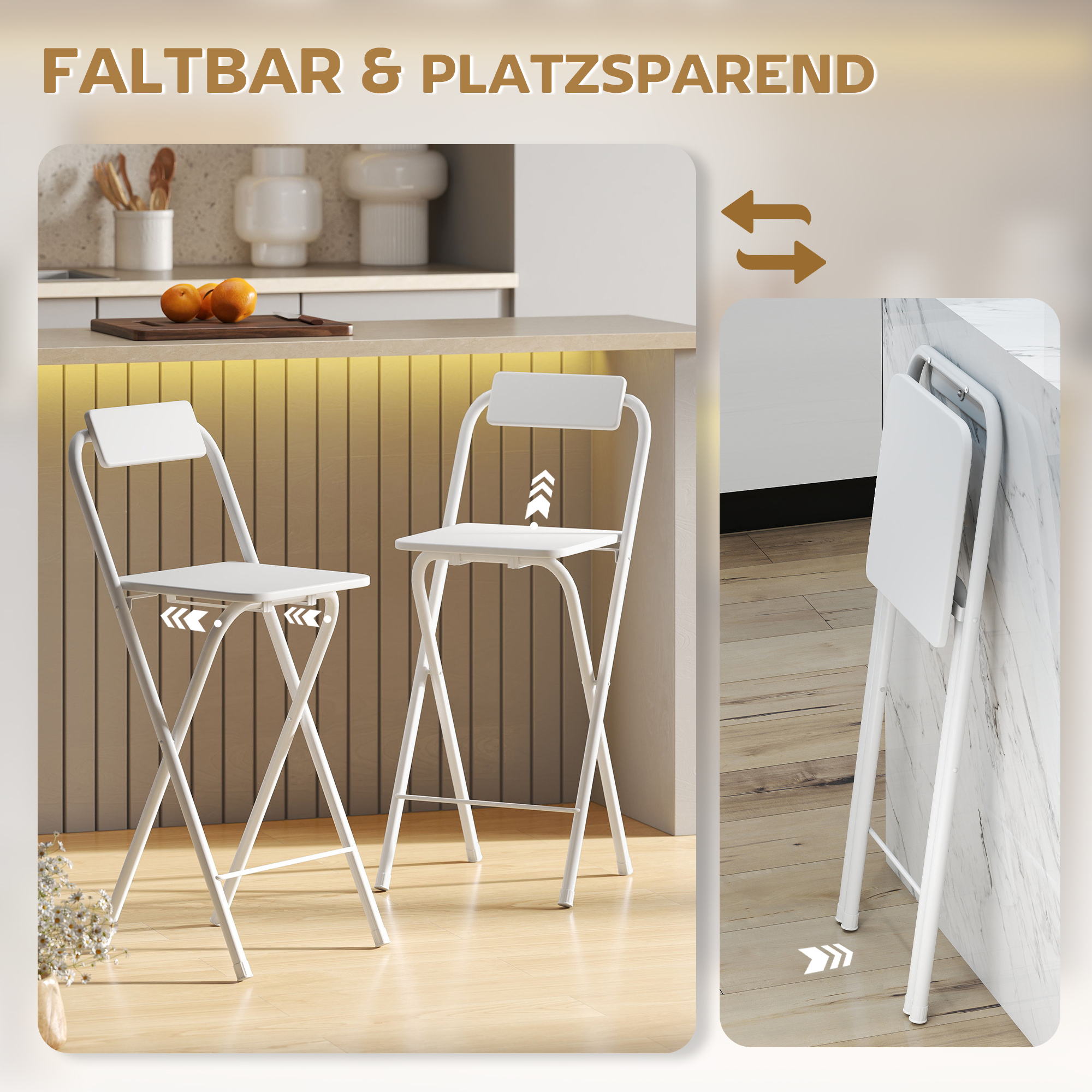 Barhocker 2er Set, Klappbar Barstuhl mit Stahlgestell, Lehne, Fußstütze Tresenhocker für Küche 37 x 45 x 87 cm Weiß