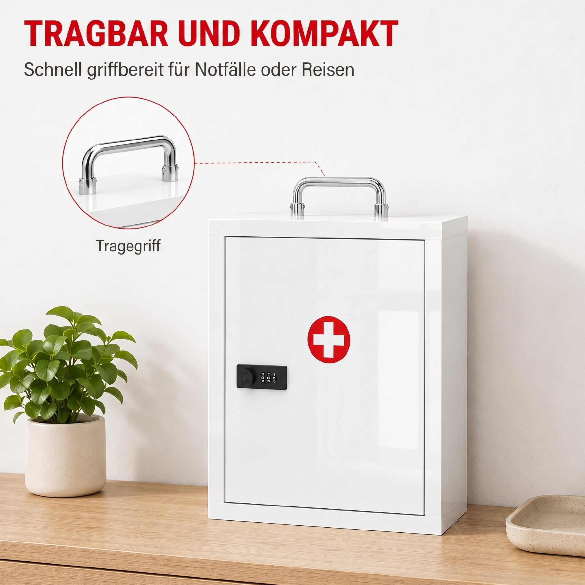 Medizinschrank zur Wandmontage mit Zahlenschloss, 3 Ebenen, abschließbarer Erste-Hilfe-Schrank aus Stahl, Weiß