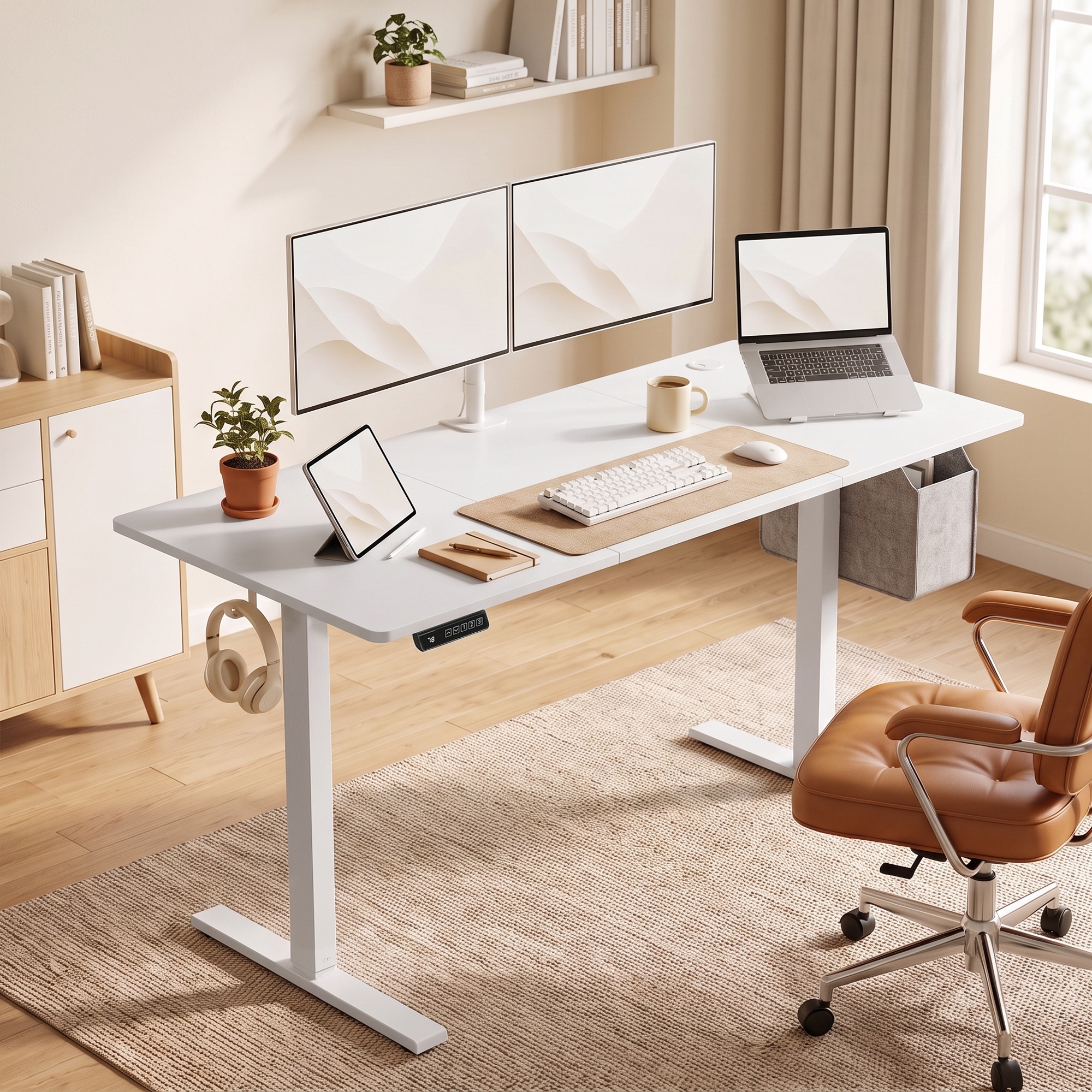 höhenverstellbarer Schreibtisch mit Memory-Funktion, 2 Kabeldurchlässen und LED-Display, Sitz-Steh-Schreibtisch, Weiß