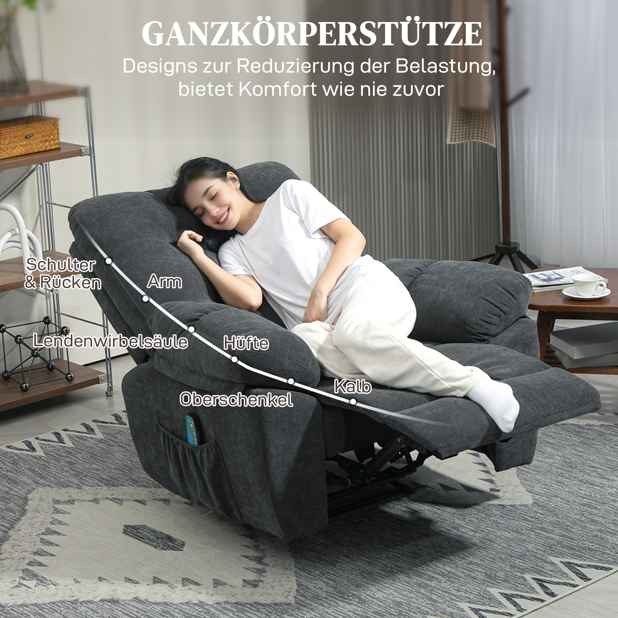 Recliner-Sessel, Massage-Polstersessel mit 8 Vibrationspunkten, verstellbare Fußstütze, Seitentasche, Lehnsessel, Grau