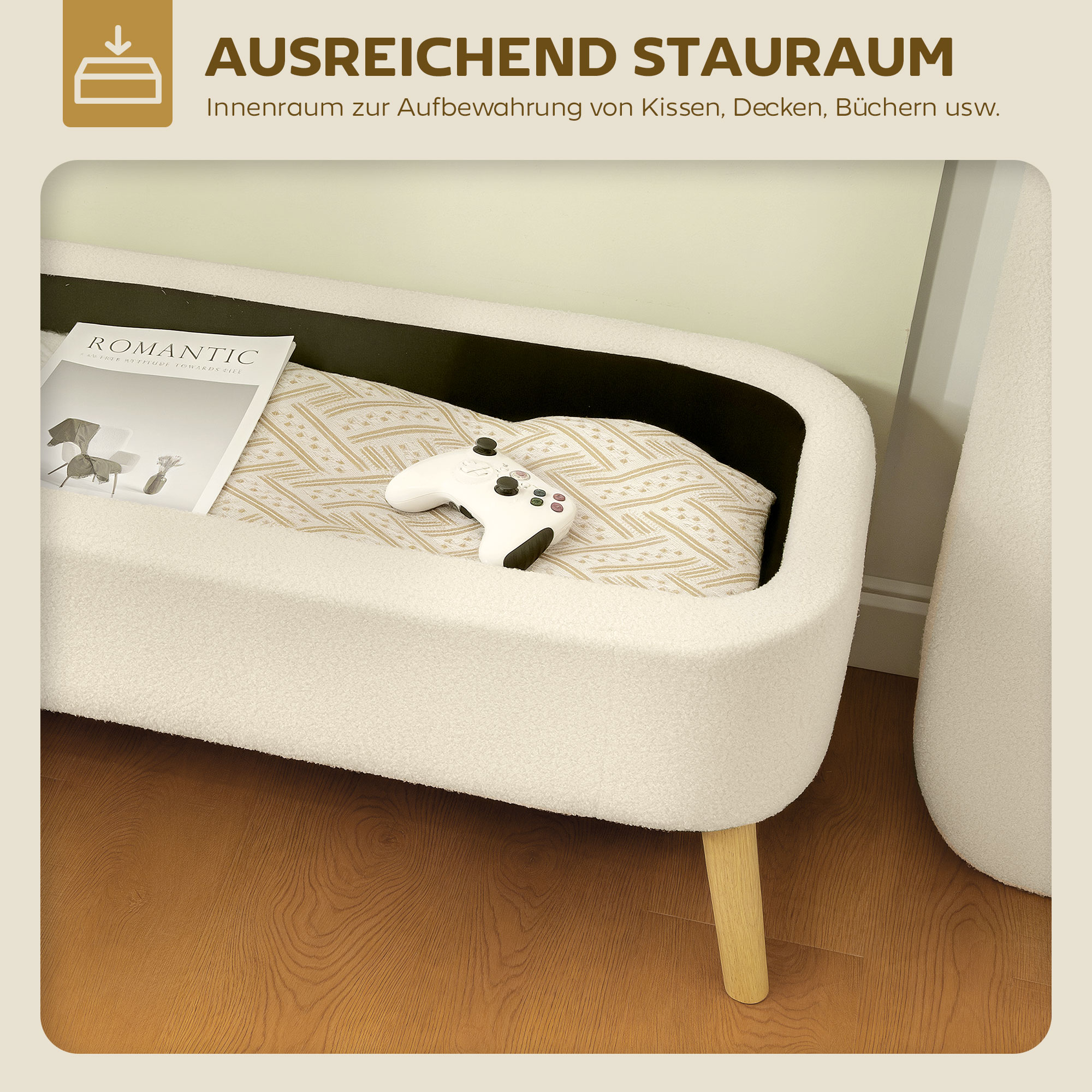Aufbewahrungsbank, Sitzbank mit 65 L Stauraum, Teddy-Fleece-Stoff, Kautschukholz, 120 x 42 x 45 cm, Beige