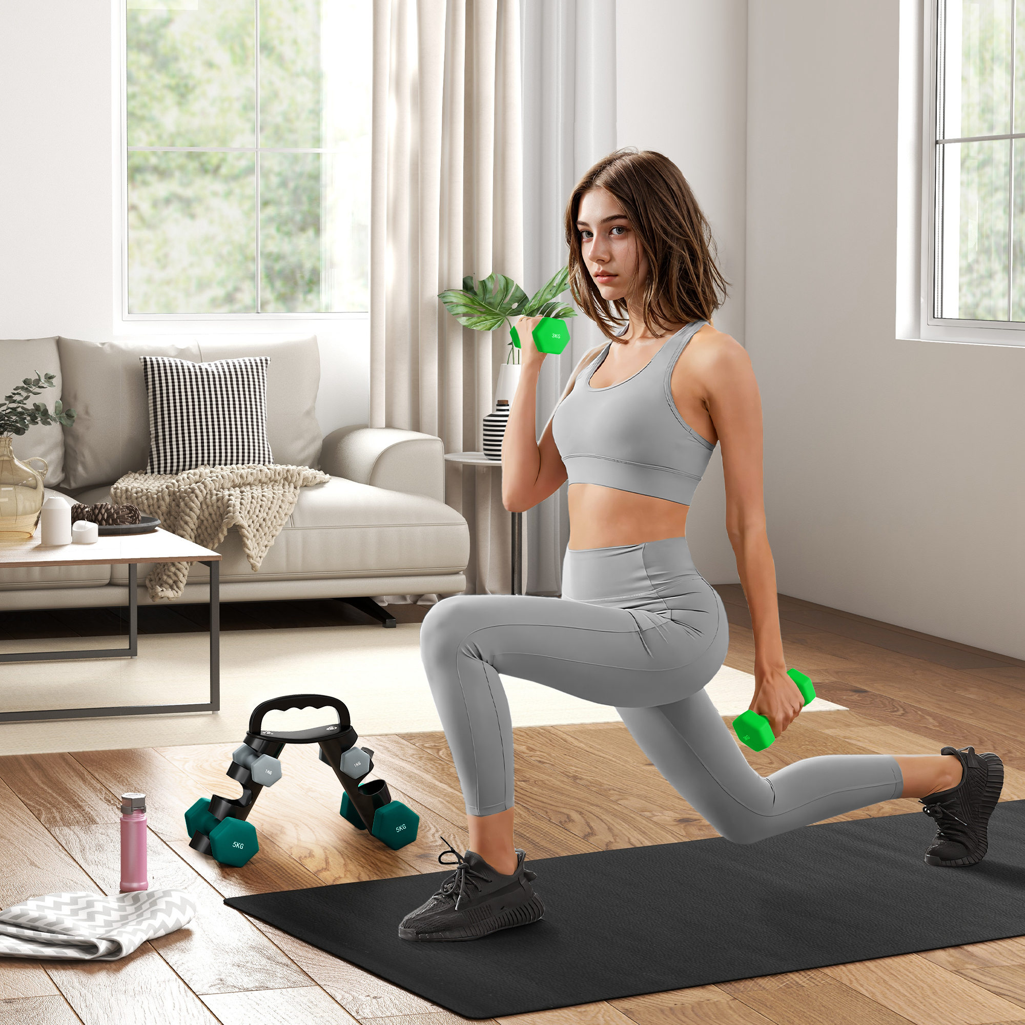 Hantelset mit Aufbewahrungsgestell, Set mit 6 Hanteln für Fitness-Training, 2 x 1kg, 2 x 3kg, 2 x 5kg