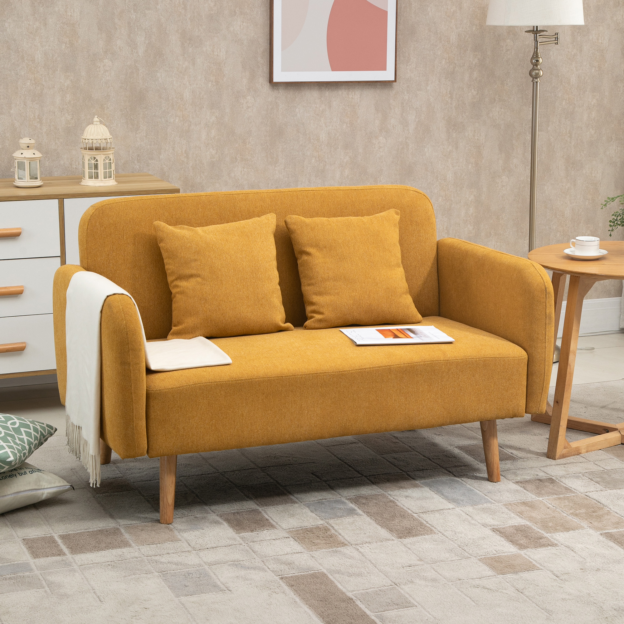 Sofa 2 Sitzer Couch mit 2 Wurfkissen, Kleine Loveseat mit Samtopik Modern Polstersofa für Wohnzimmer, Schlafzimmer, kleinen Raum, Gelb 130 x 70 x 80 cm