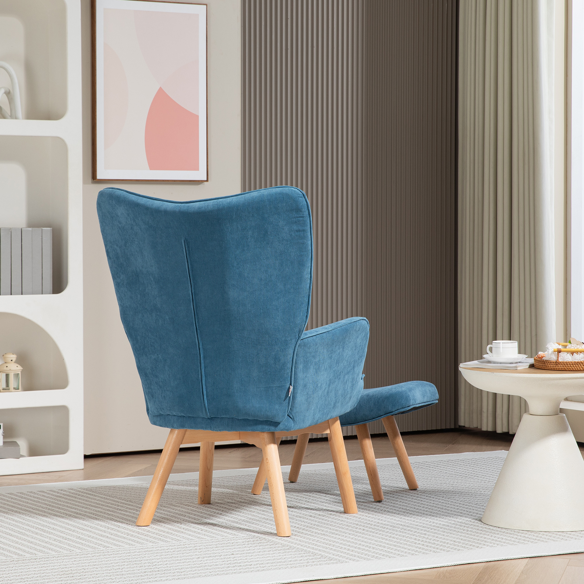 Akzentsessel mit Hocker, Relaxsessel in Cord-Optik, Armlehnstuhl mit Holzbeinen, für Wohnzimmer, Blau