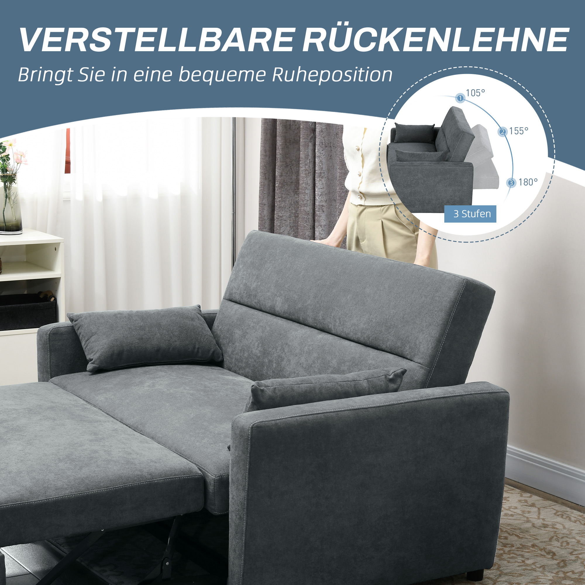 Schlafsofa, 2-Sitzer, ausklappbar, bis 200 kg, Holzrahmen, 155x90x88,5cm, Dunkelgrau
