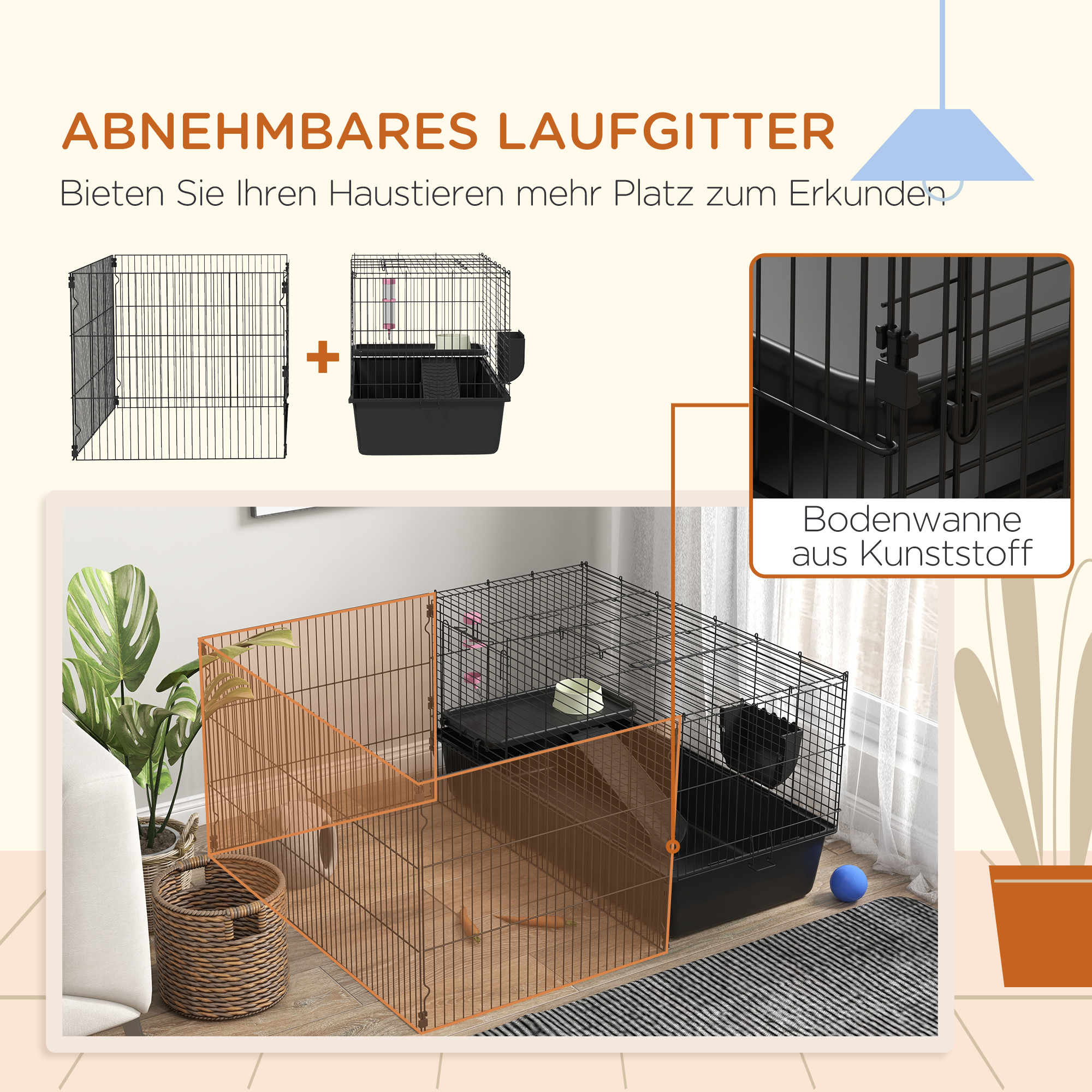 Kleintierkäfig mit abnehmbaren Gehege, Laufgitter mit Stall, inkl. Zubehör, Schwarz