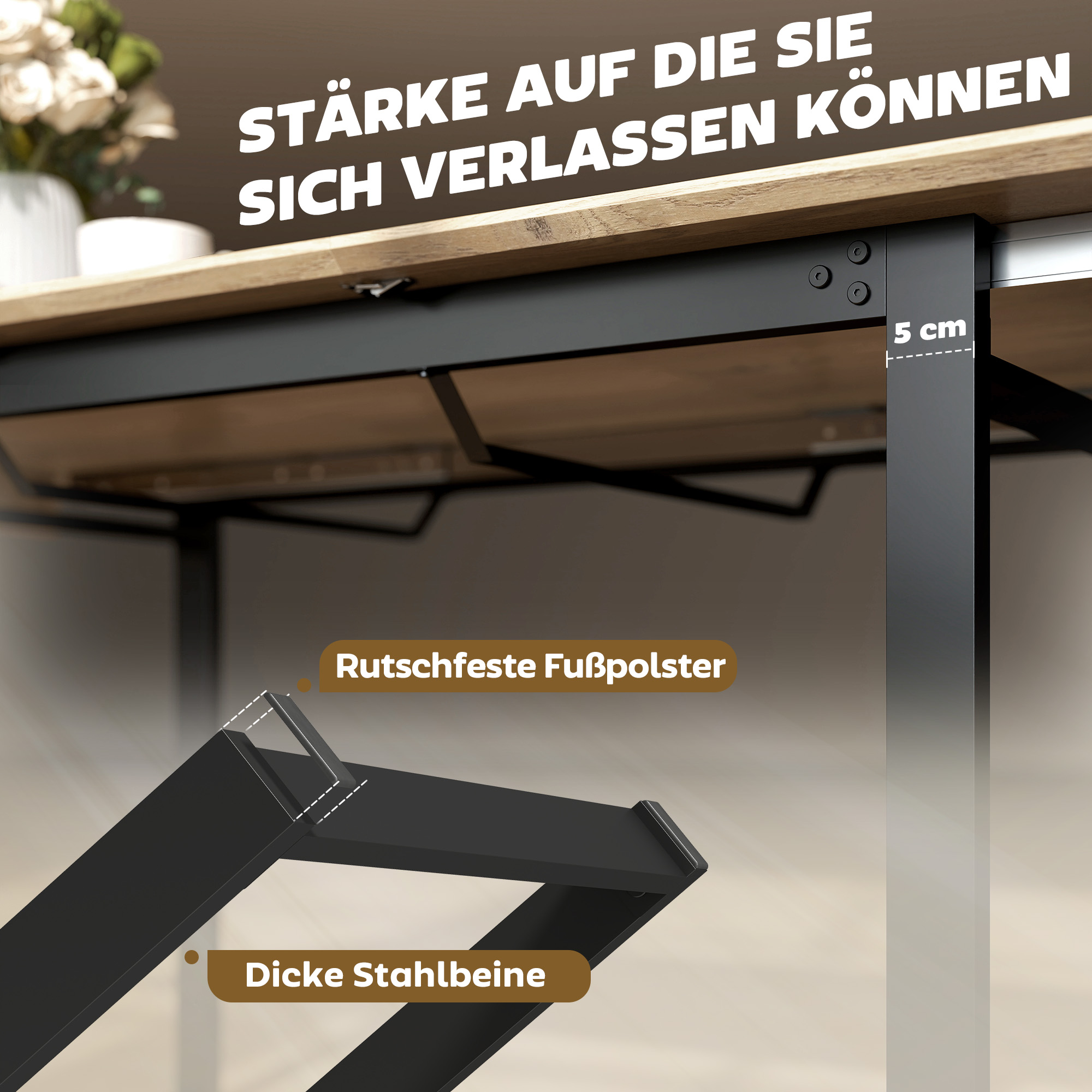 ausziehbarer Esstisch für 6-8 Personen, 140-180 cm, rechteckiger Küchentisch mit Stahlbasis, Naturholz+Schwarz