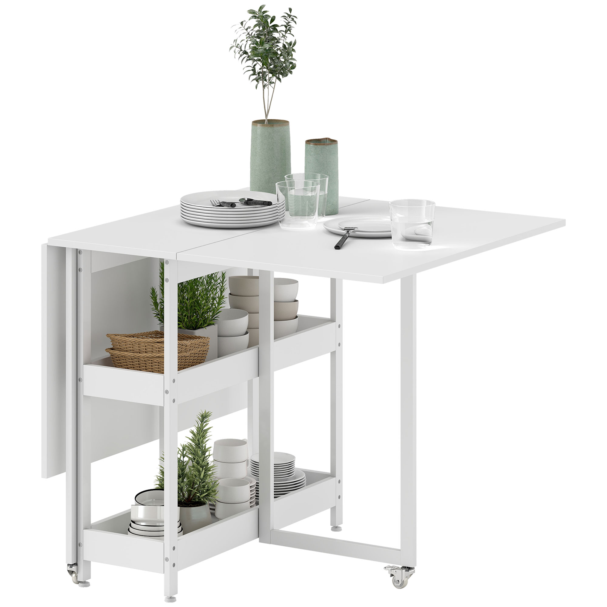 Klappbarer Esstisch im Industriedesign, für bis zu 4 Personen, offene Regale, flexibel, Metall, Spanplatte, Weiß