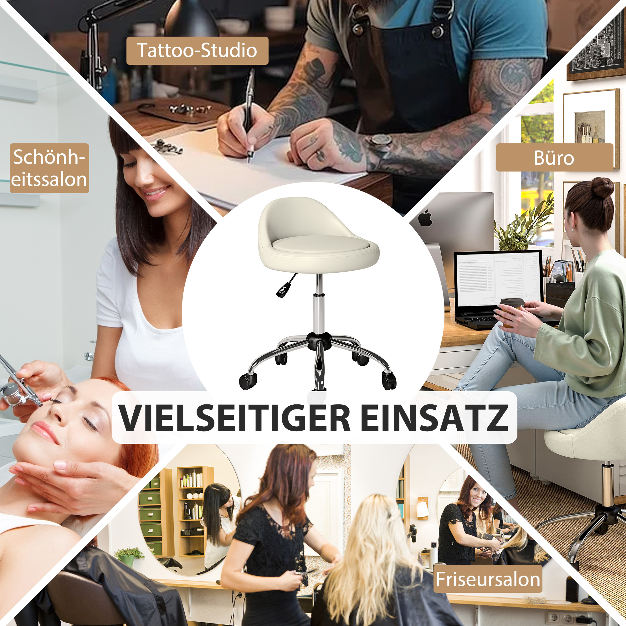 Arbeitshocker Drehhocker Rollhocker, höhenverstellbar, drehbare Sitzfläche, 50cm x 50 cm x 83 cm, Weiß