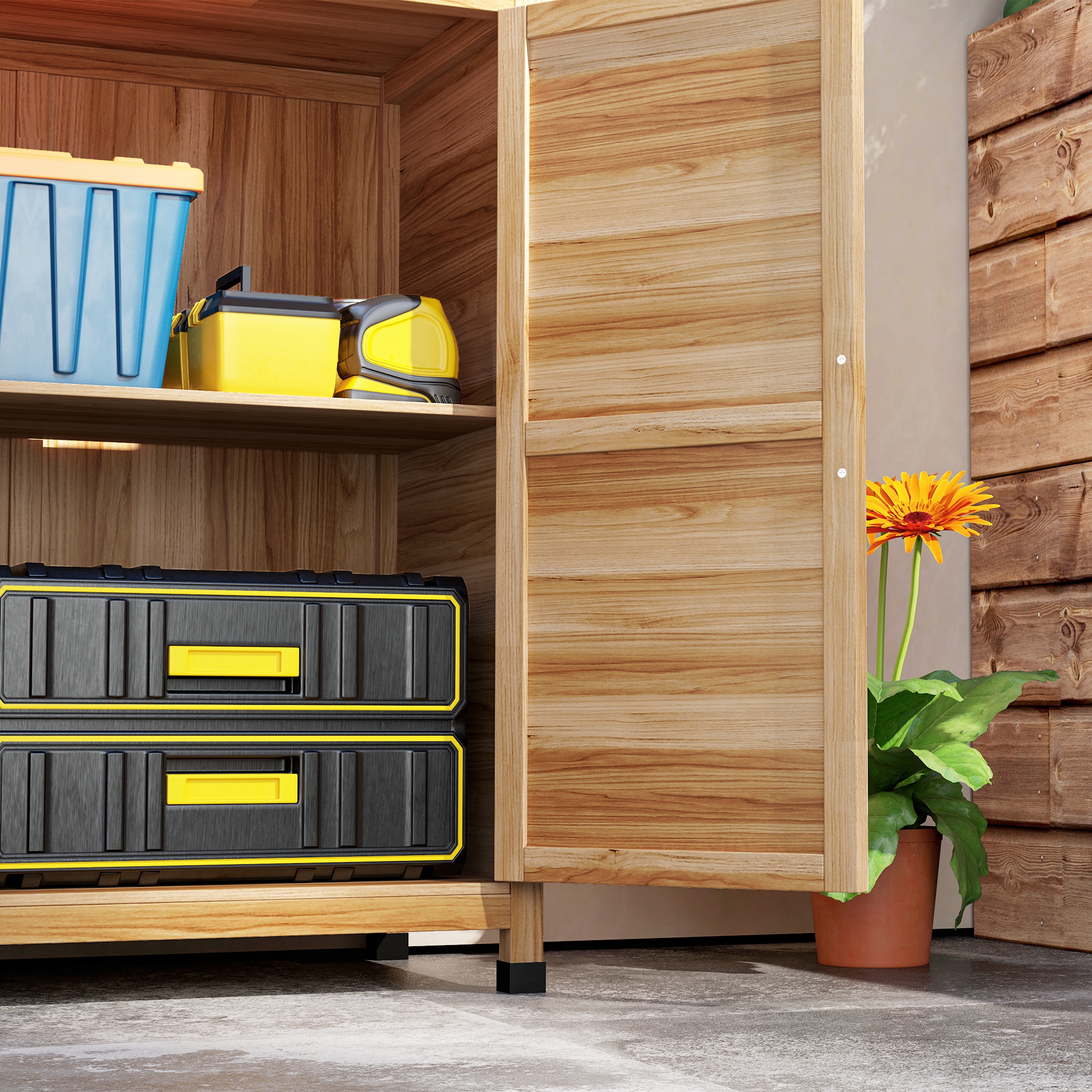 Gartenschrank mit internem Regal und Arbeitsbank, aus Fichtenholz und verzinktem Stahl, 79x43x92 cm, Holzfarbe