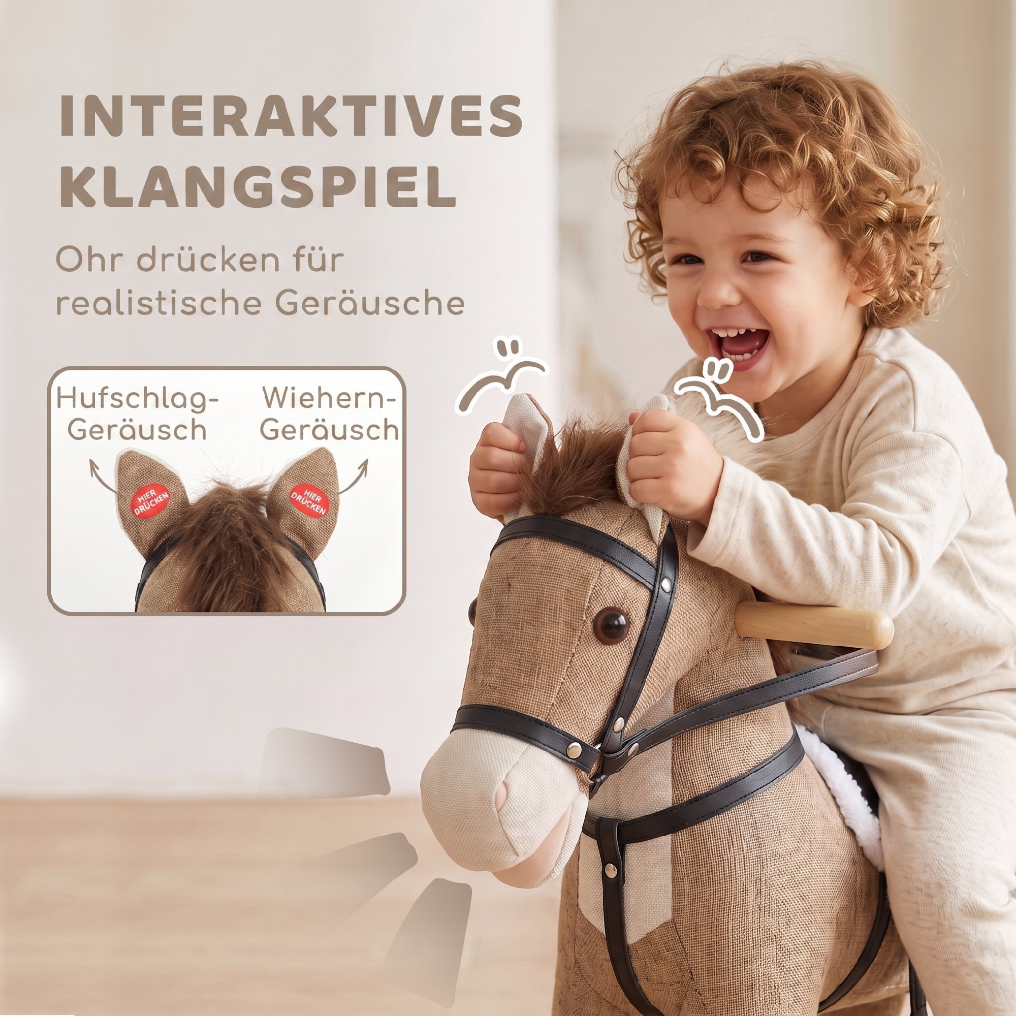 Schaukelpferd mit Sound und Sicherheitsgriffen, Reitpferd mit Holzgestell für Kleinkinder von 12–36 Monaten, Dunkelbraun