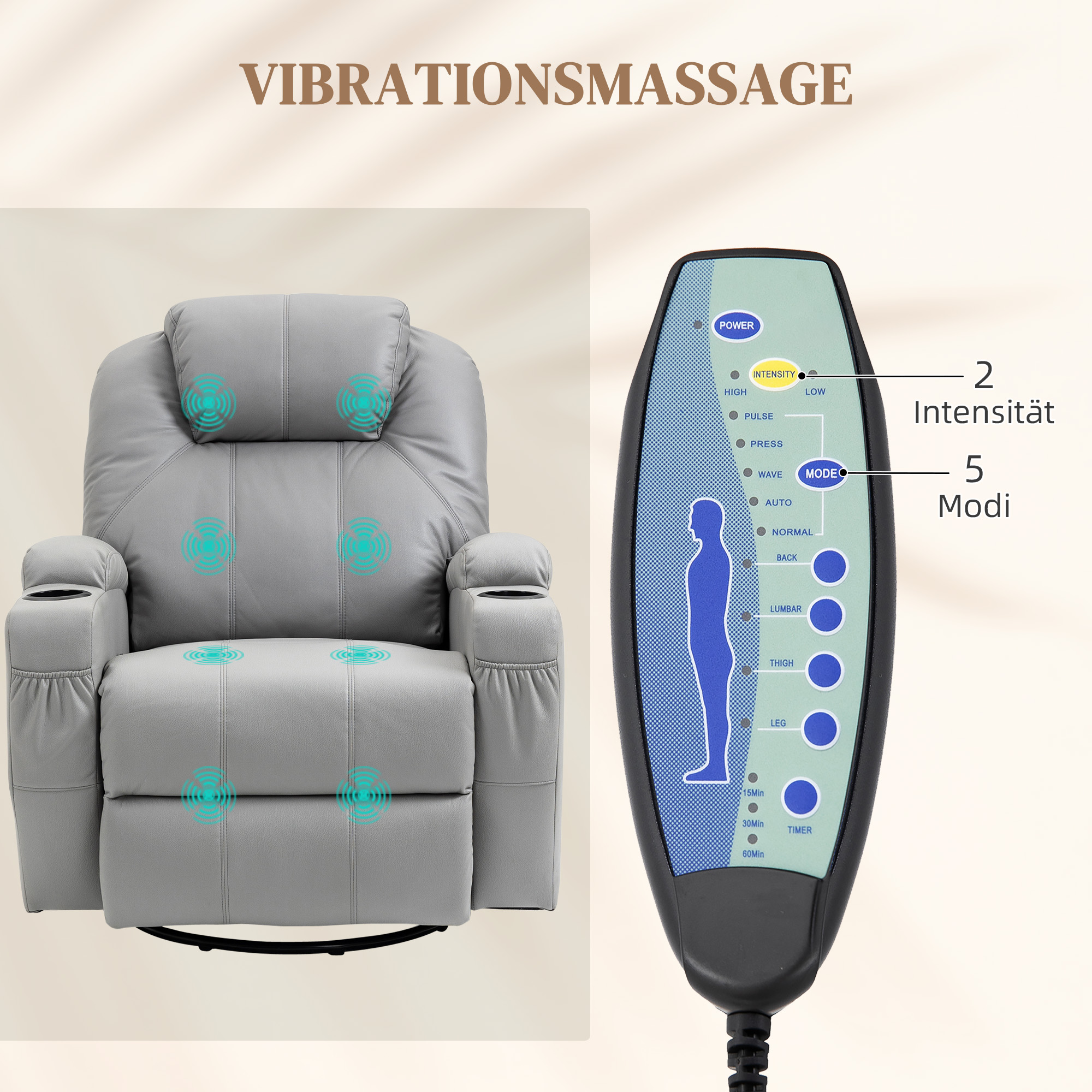 Massagesessel mit Fußstütze, 8 Vibrationspunkte, 5 Modi, inkl. Fernbedienung, Hellgrau