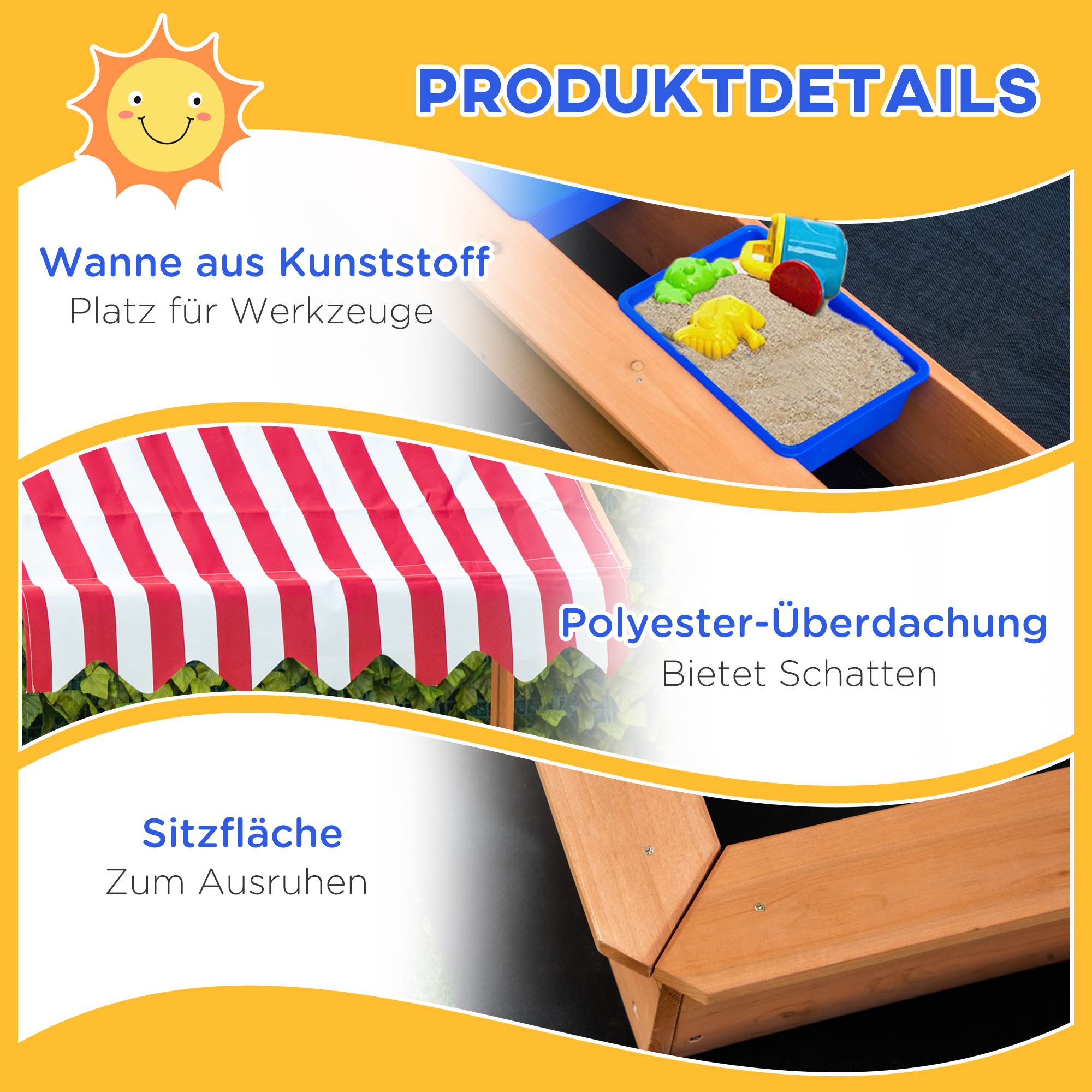 Sandkasten 107,5 x 107,5 cm Kinder Sandbox mit höhenverstellbar Abdeckung, Sandkiste aus Holz für Kinder 3-7 Jahre für Outdoor Garten Terrasse Balkon