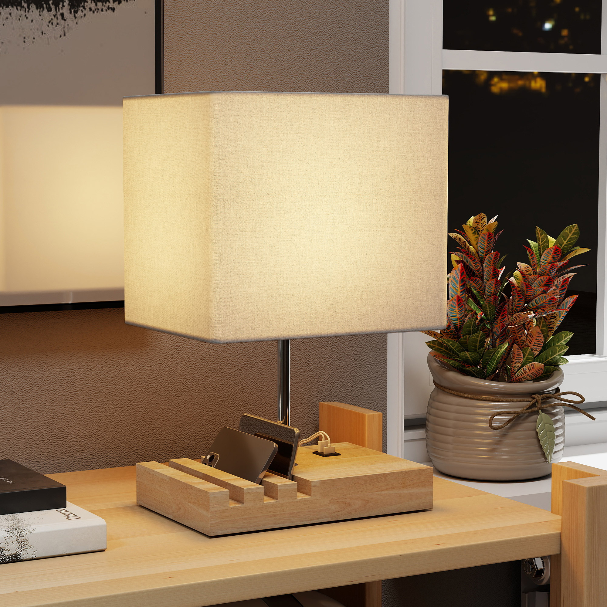 Nachttischlampe, USB-Anschlüsse, Holz, Stoff, Wippschalter, Ablagefächer, Weiß