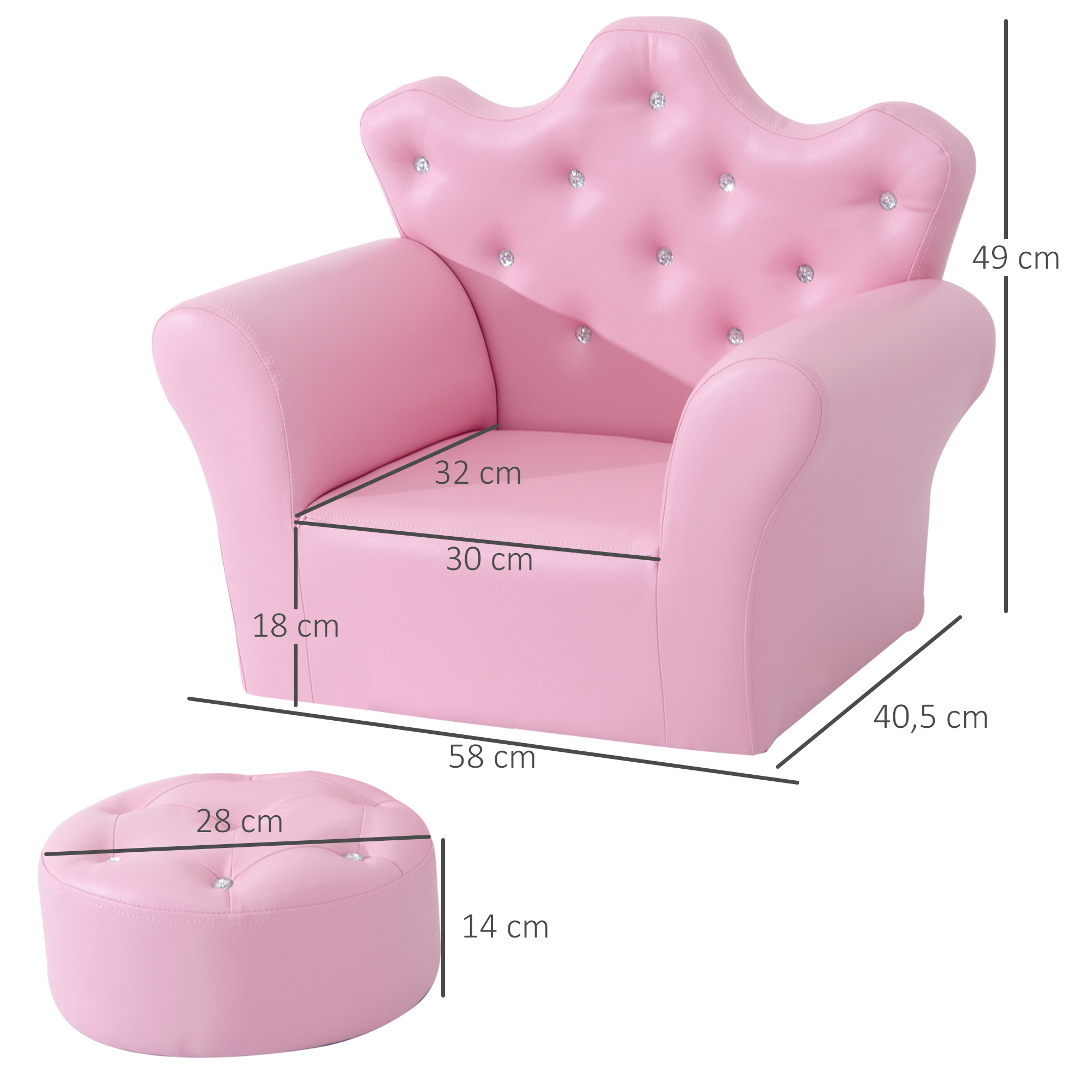 Kindersofa mit Ottomane, Kindercouch Prinzessinnen Kindercouch Mini Couch für Kuschelecke, Kinderzimmer, Spielzimmer, Schlafzimmer, Rosa