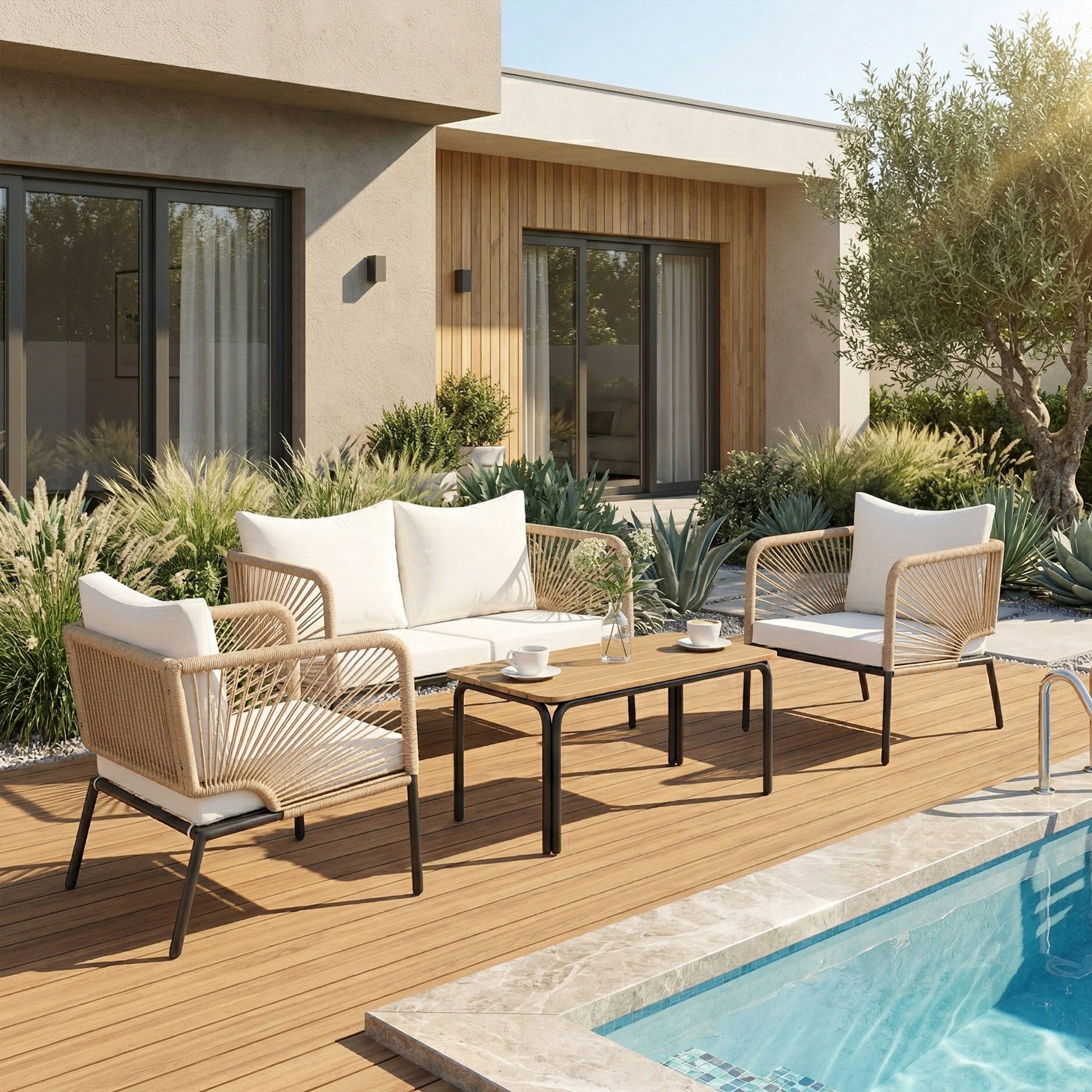 Gartenmöbel Set Sitzgruppe für 4 Personen Gartenlounge mit 2er Sofa 2 Sessel Lamell-Tisch Seilflecht waschbar Sitzkissen