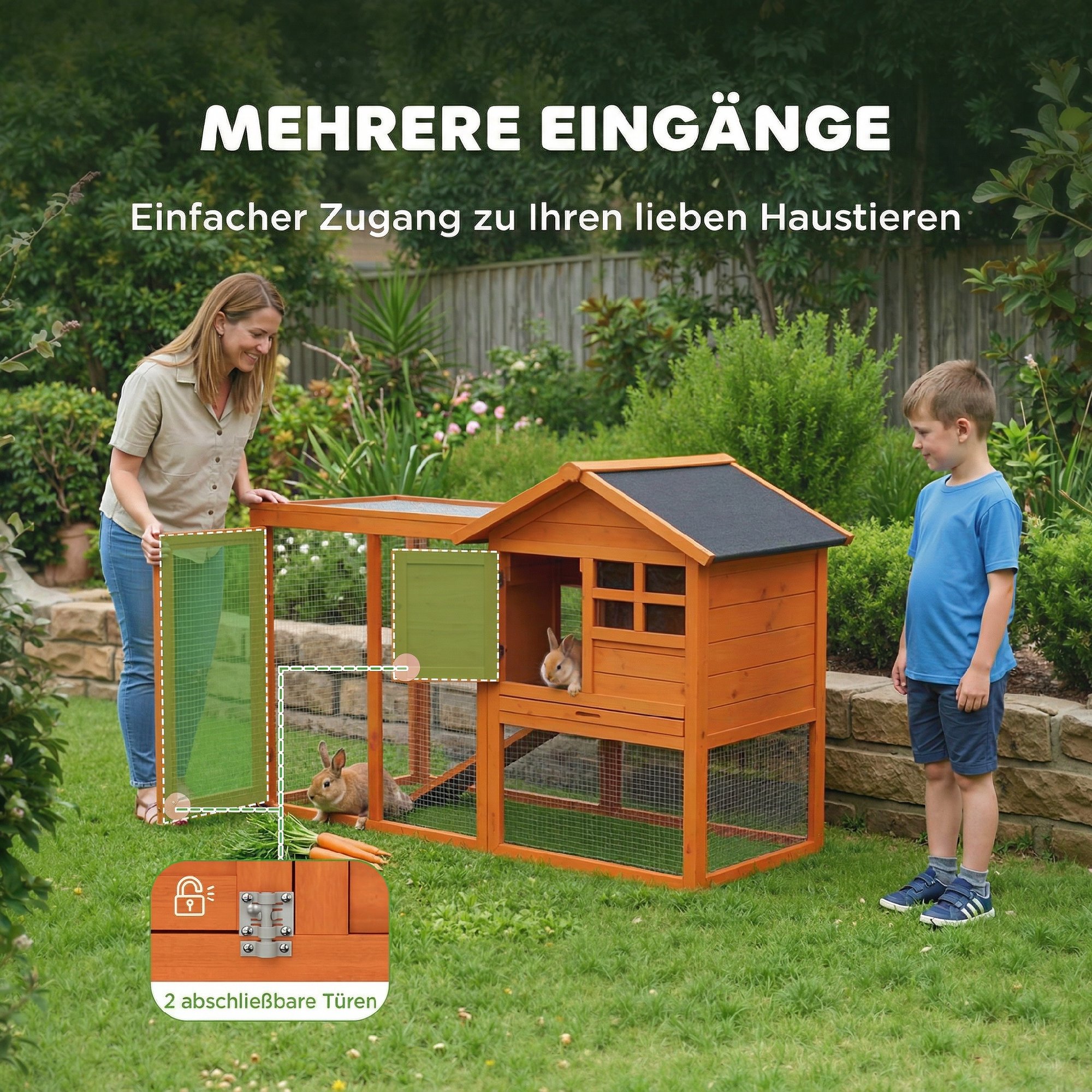 Hasenstall 2 Etagen Kaninchenstall mit wasserdicht Bitumendach Freilaufgehege Rampe Türen Holz 123,5x62,6x92,5 cm Orange