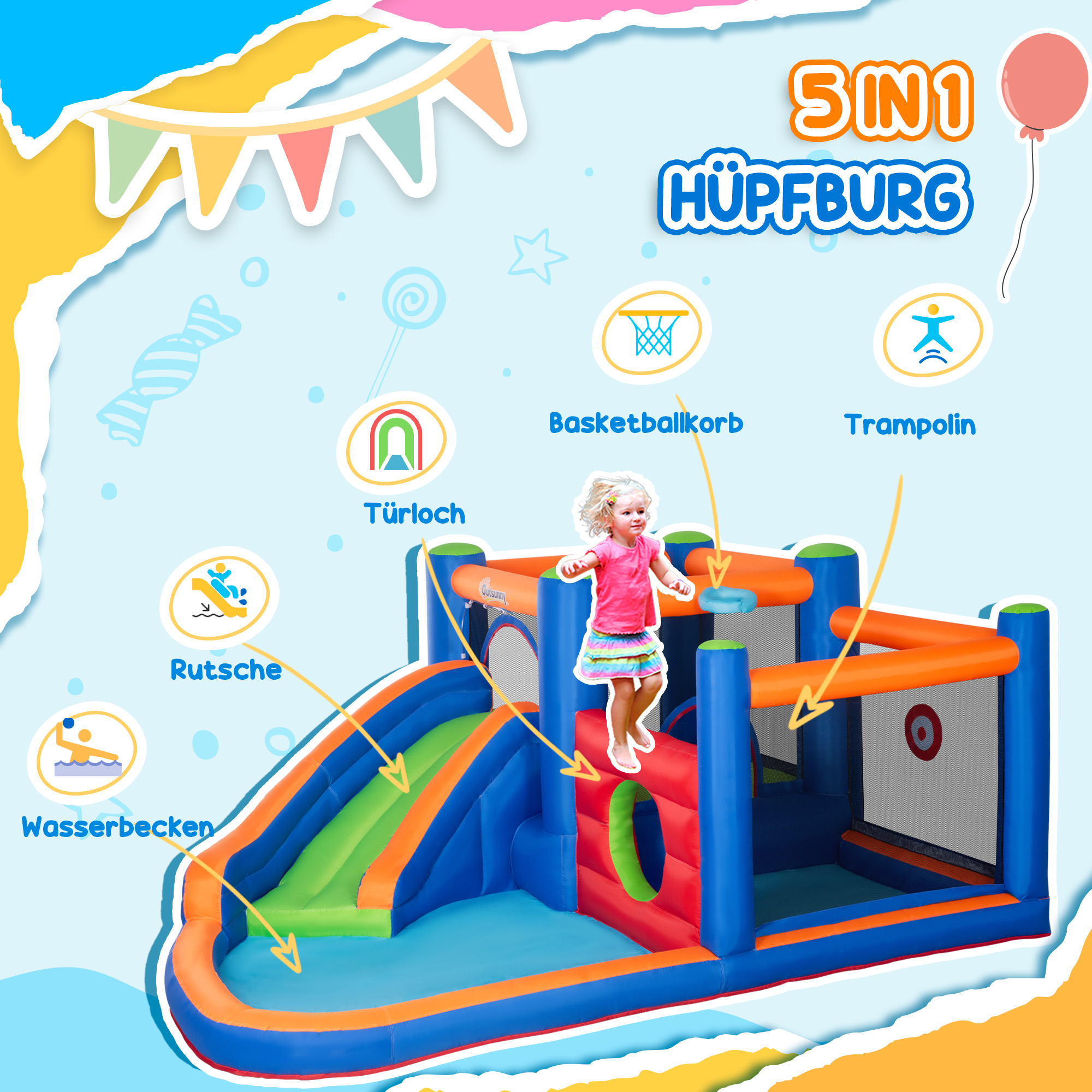 Hüpfburg, mit Rutsche, Hüpfbereich, Pool, aufblasbar, inkl. Elektropumpe, für bis 3 Kinder, 380 x 340 x 170 cm