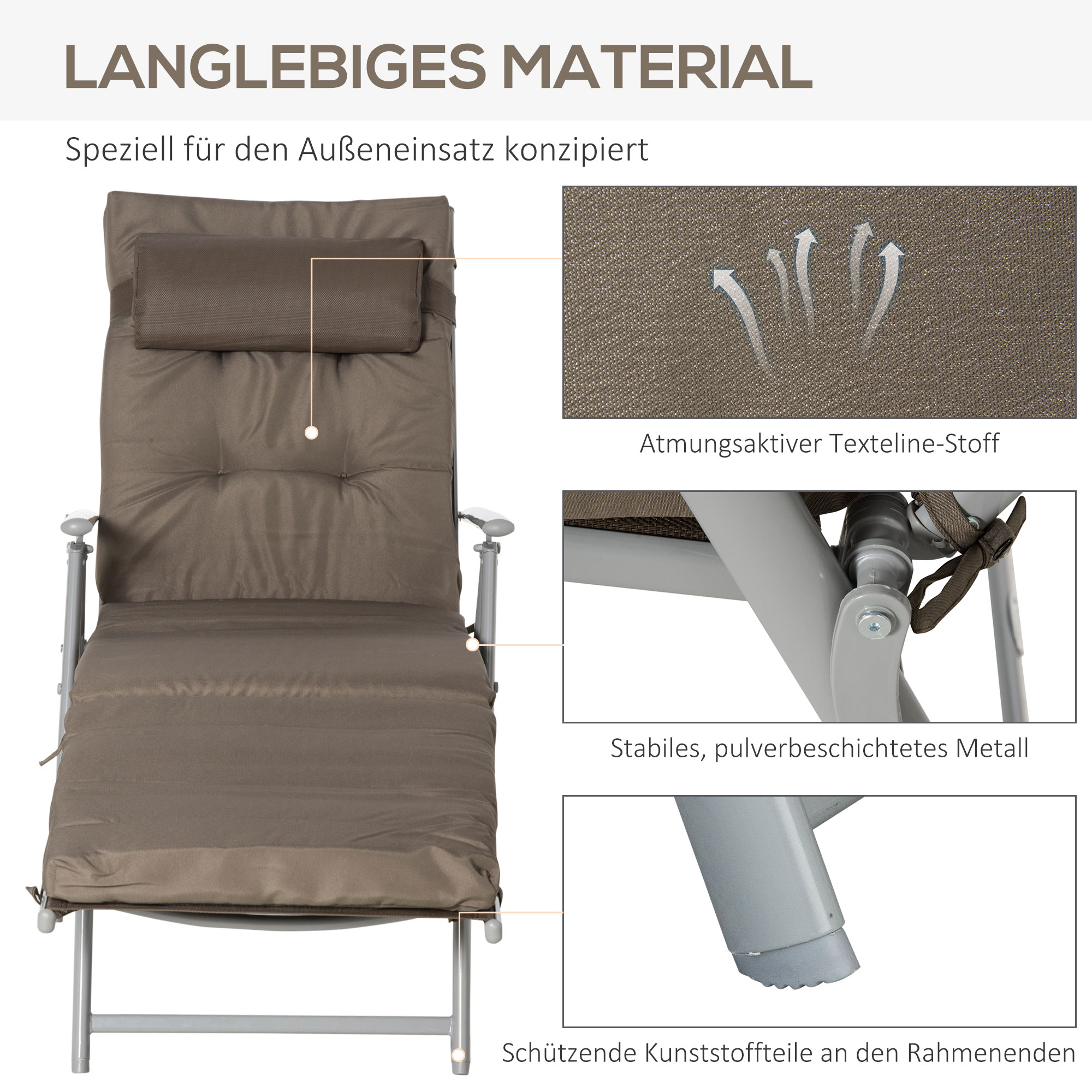 Sonnenliege Strandliege Gartenliege klappbar verstellbar mit Kissen Garten Metall Stoff Braun+Silber 137 x 63,5 x 100,5 cm