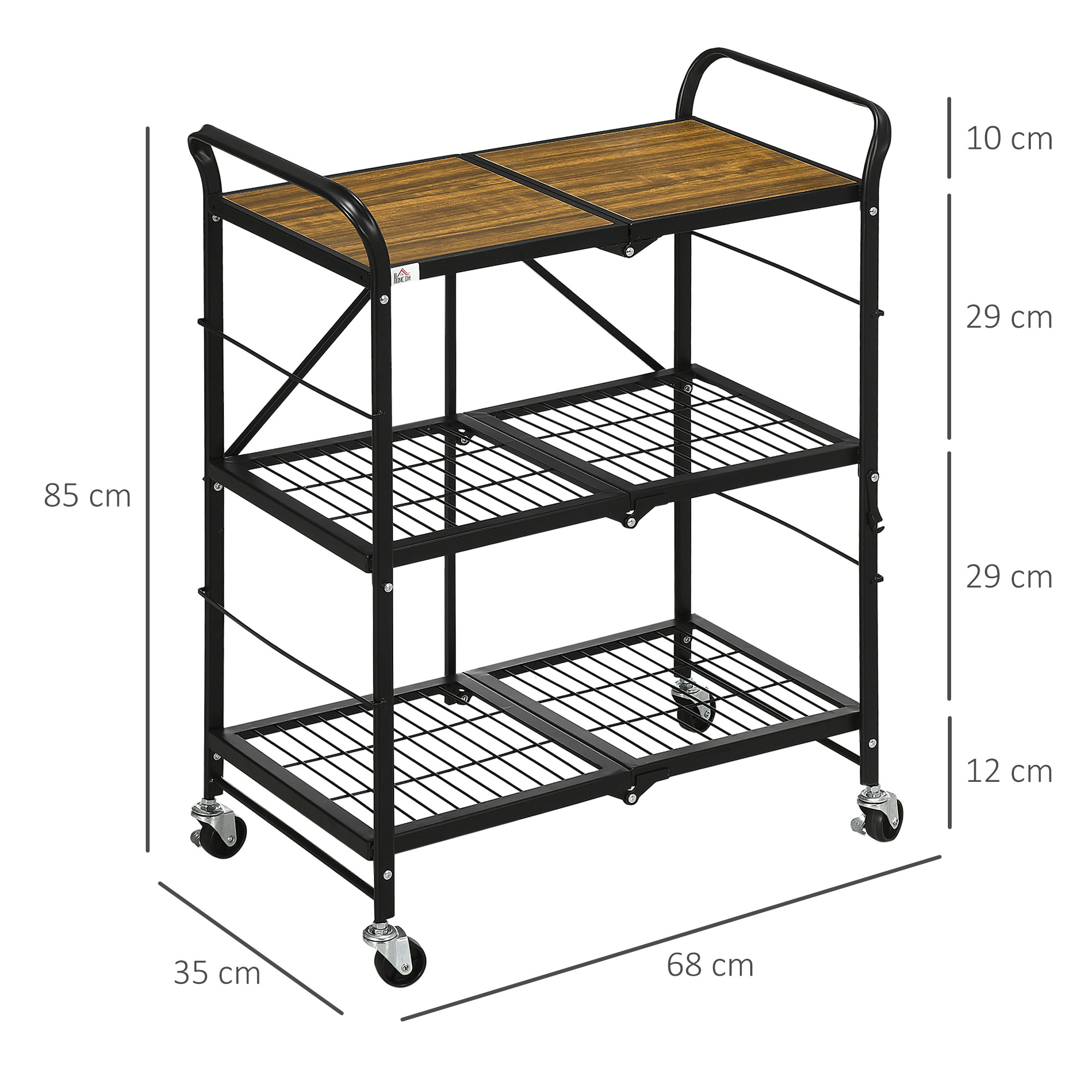 Küchenwagen im Industriedesign, mit 3 Regalen, Mehrzweckwagen, Servierwagen, 4 Räder, klappbar, Braun + Schwarz