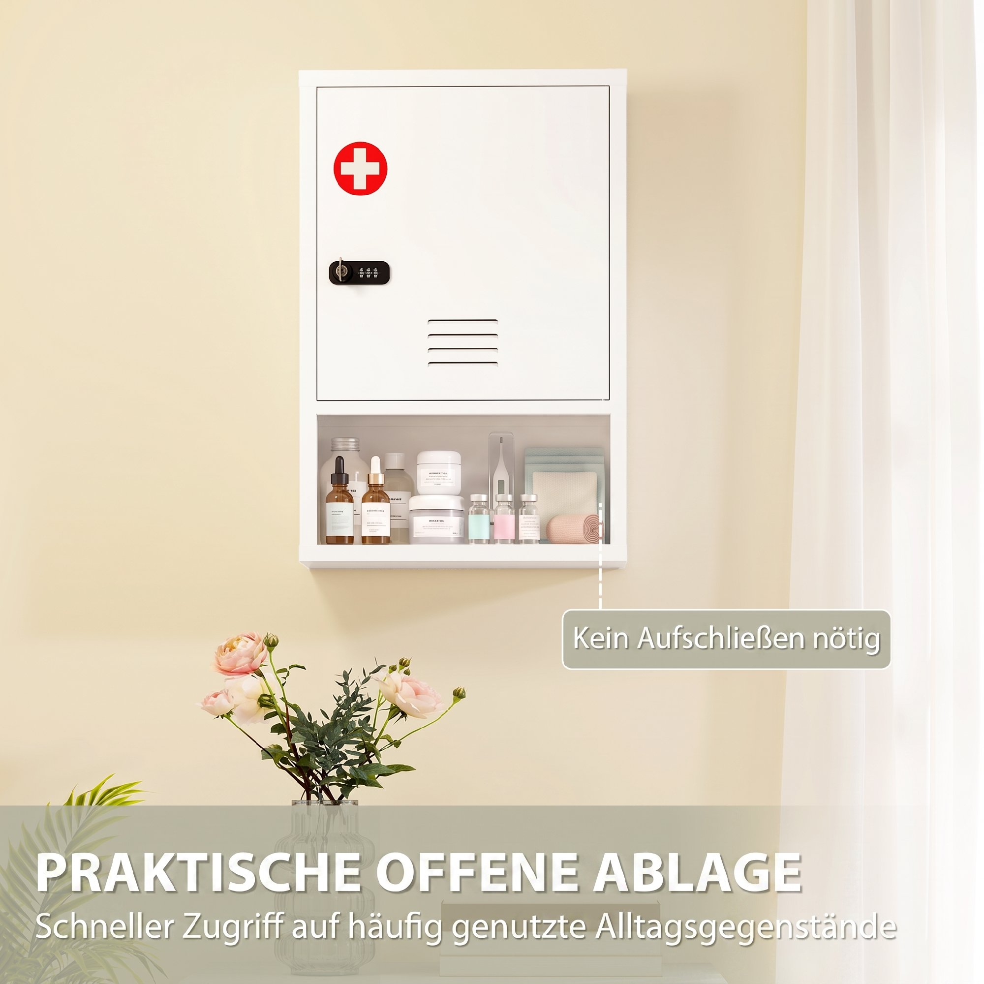 Medizinschrank zur Wandmontage mit Zahlenschloss und Schlüssel, 3-stufig, abschließbar, Weiß
