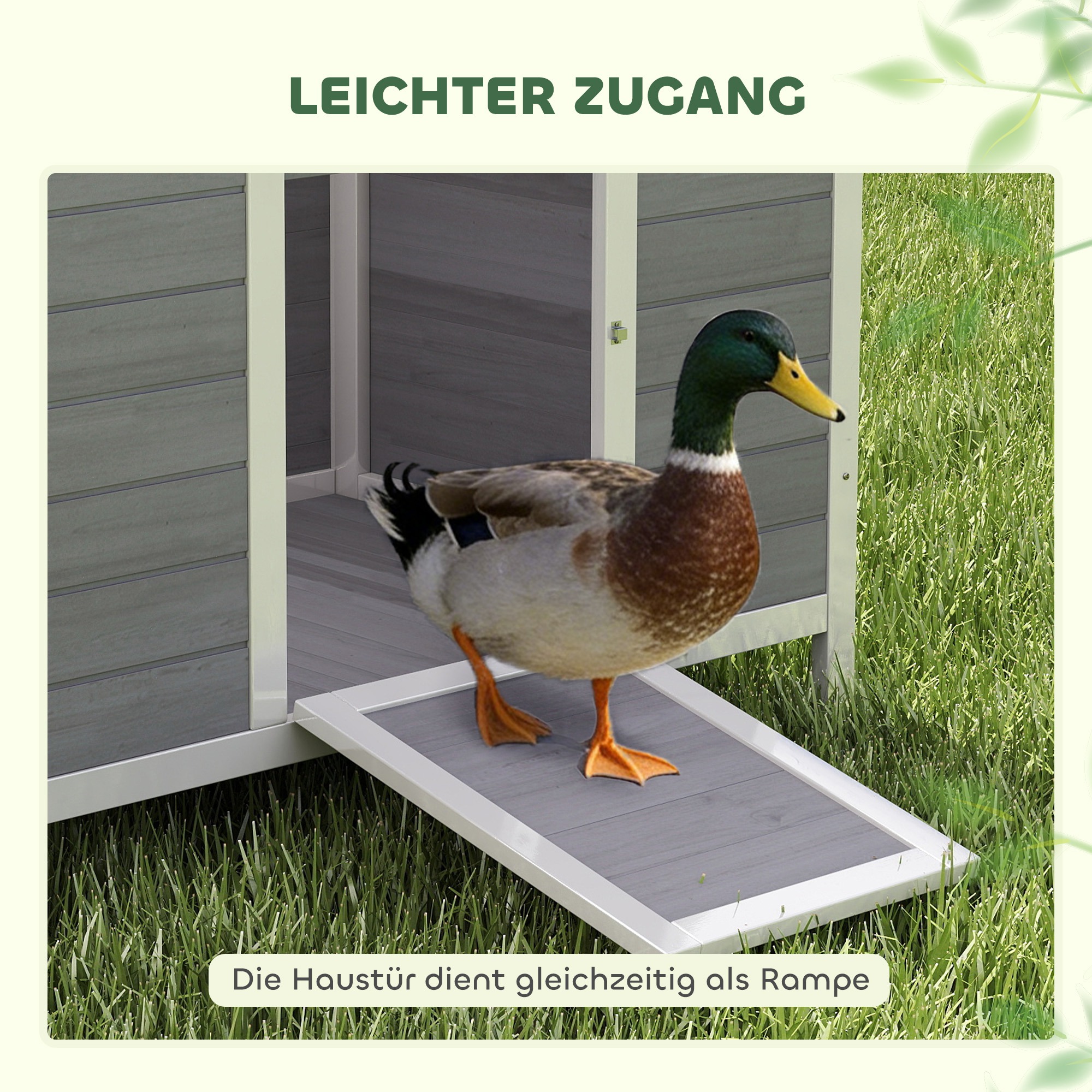 Entenstall wetterfest Entenhaus aus Holz mit herausnehmbar Boden Schiebefenster aufklappbar Asphaltdach 93x70x72cm Grau