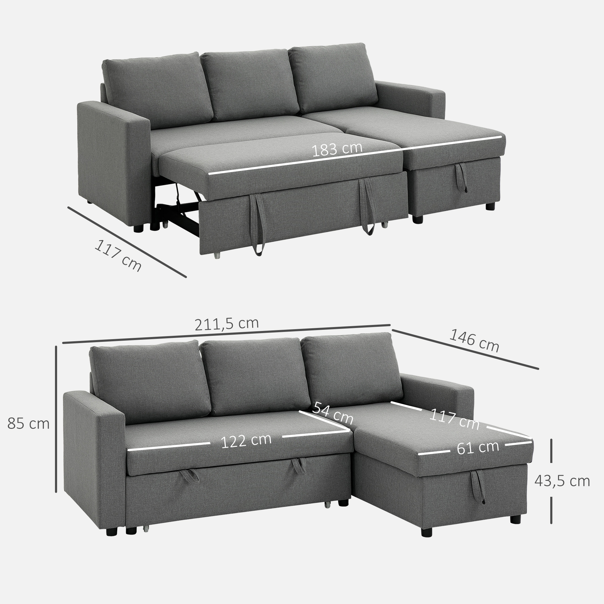 Ecksofa mit Schlaffunktion Stauraum Eckcouch mit Bettkasten Chaiselongue Schlafsofa Stoffsofa L-Form Leinen-Touch Hellgrau 211,5 x 146 x 85 cm