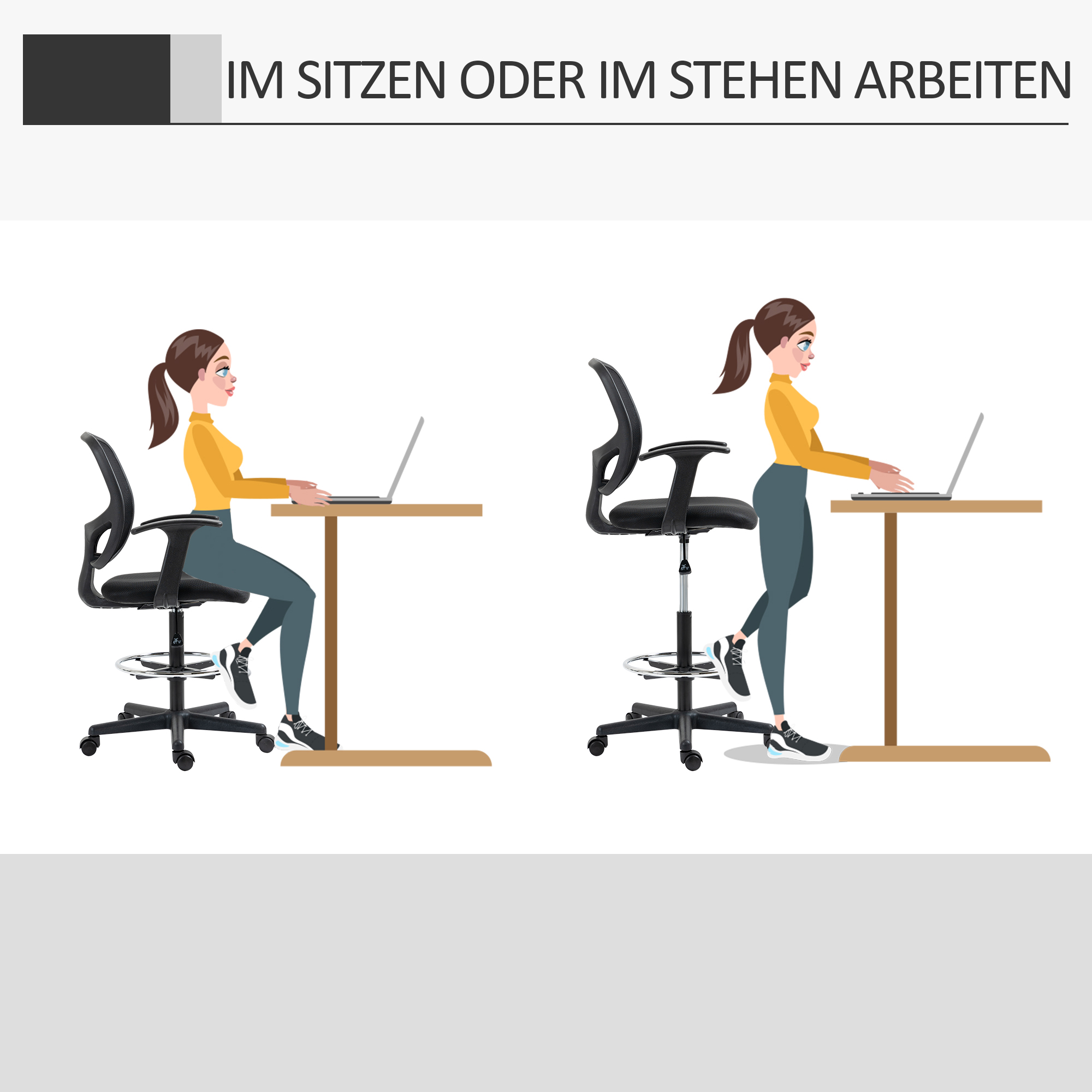 Zeichenstuhl mit Fußstütze 5 Rollen höhenverstellbar Stahl Mesh-Stoff Schwarz