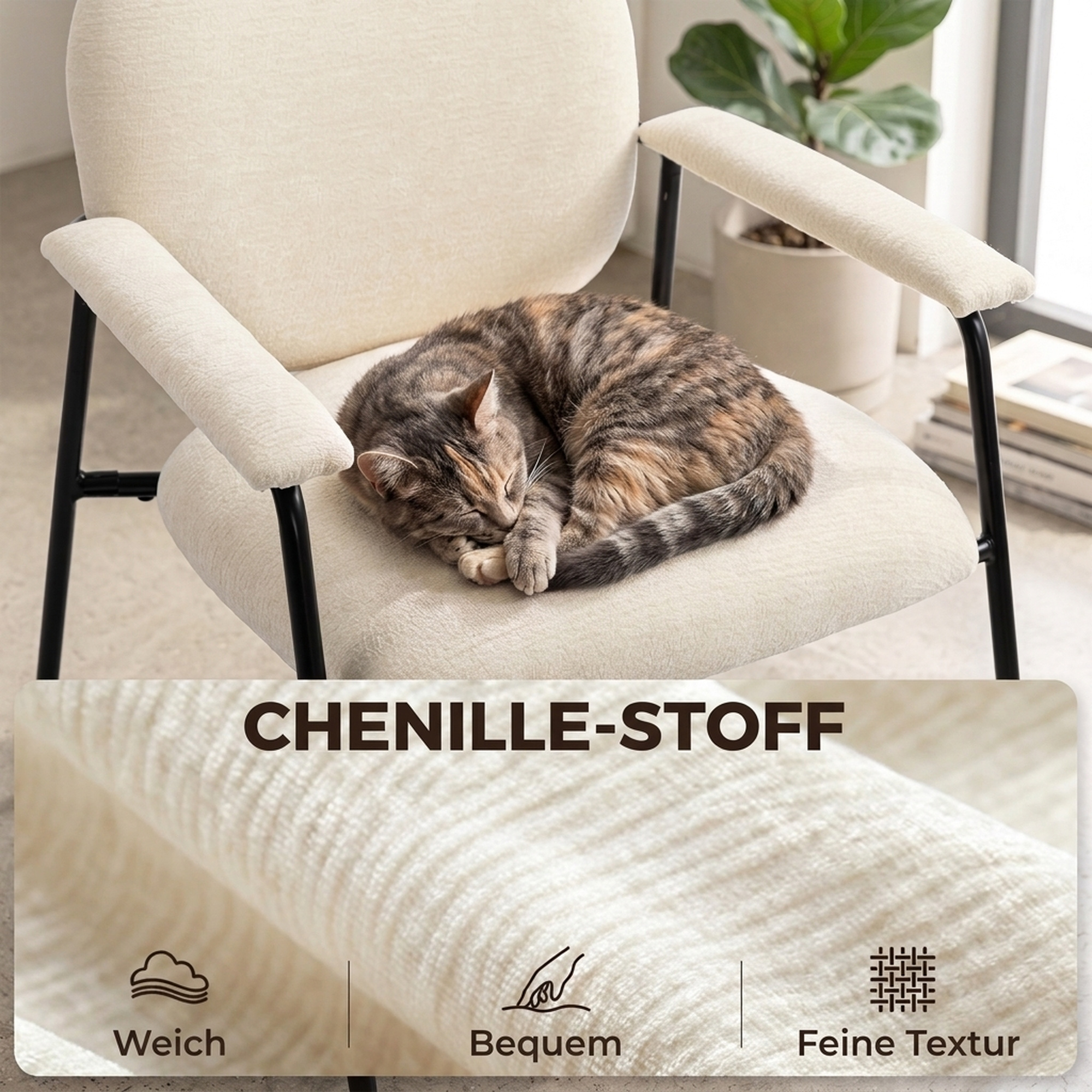 modernes 2er-Set Sessel, Chenille-Bezug, gepolsterte Armlehnen, Metallgestell, cremeweiß