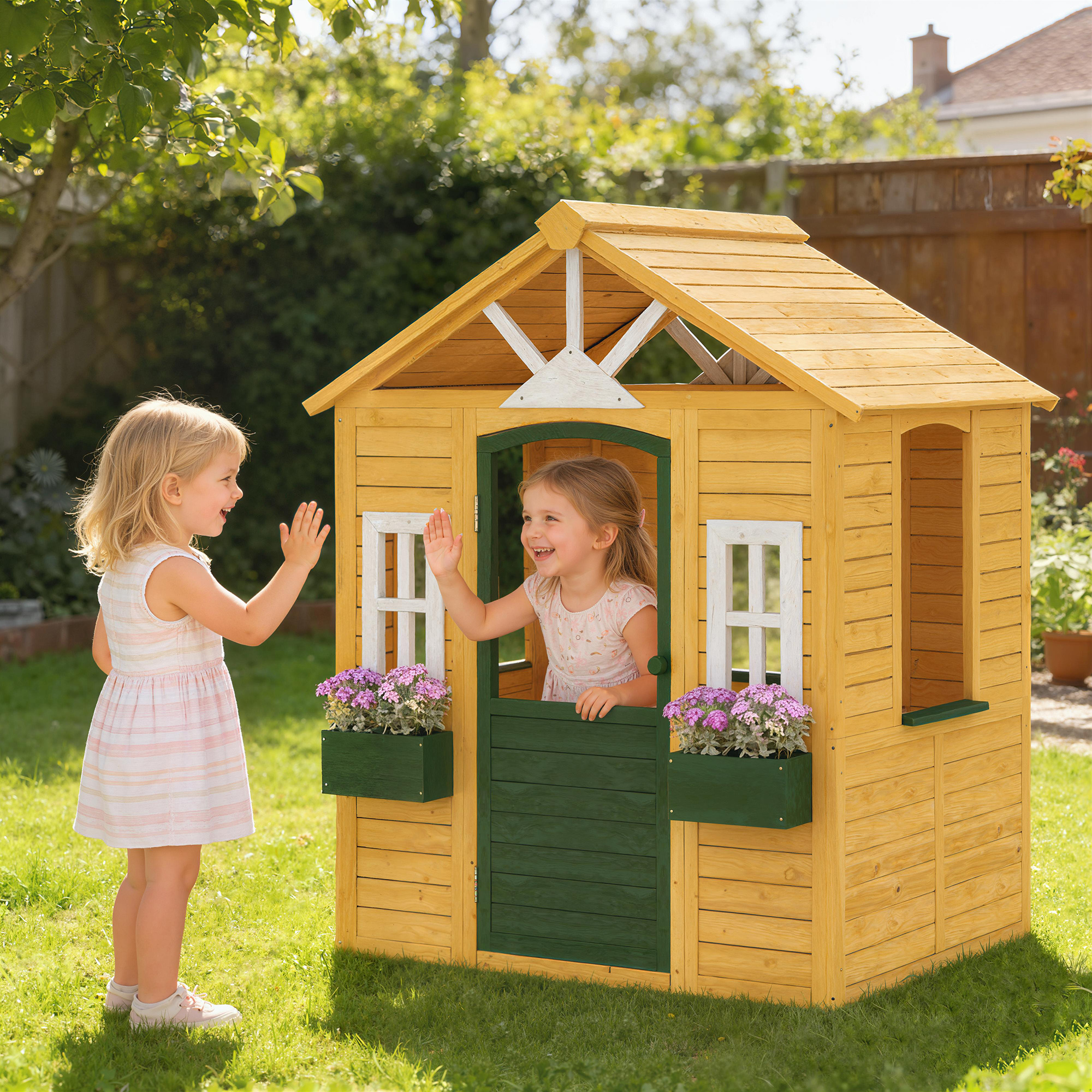 Kinderspielhaus Holz Spielhaus Outdoor mit Tür 3 Fenster 2 Blumenkästen für 3-8 Jahre Kinder 134,5 x 97 x 150 cm Braun