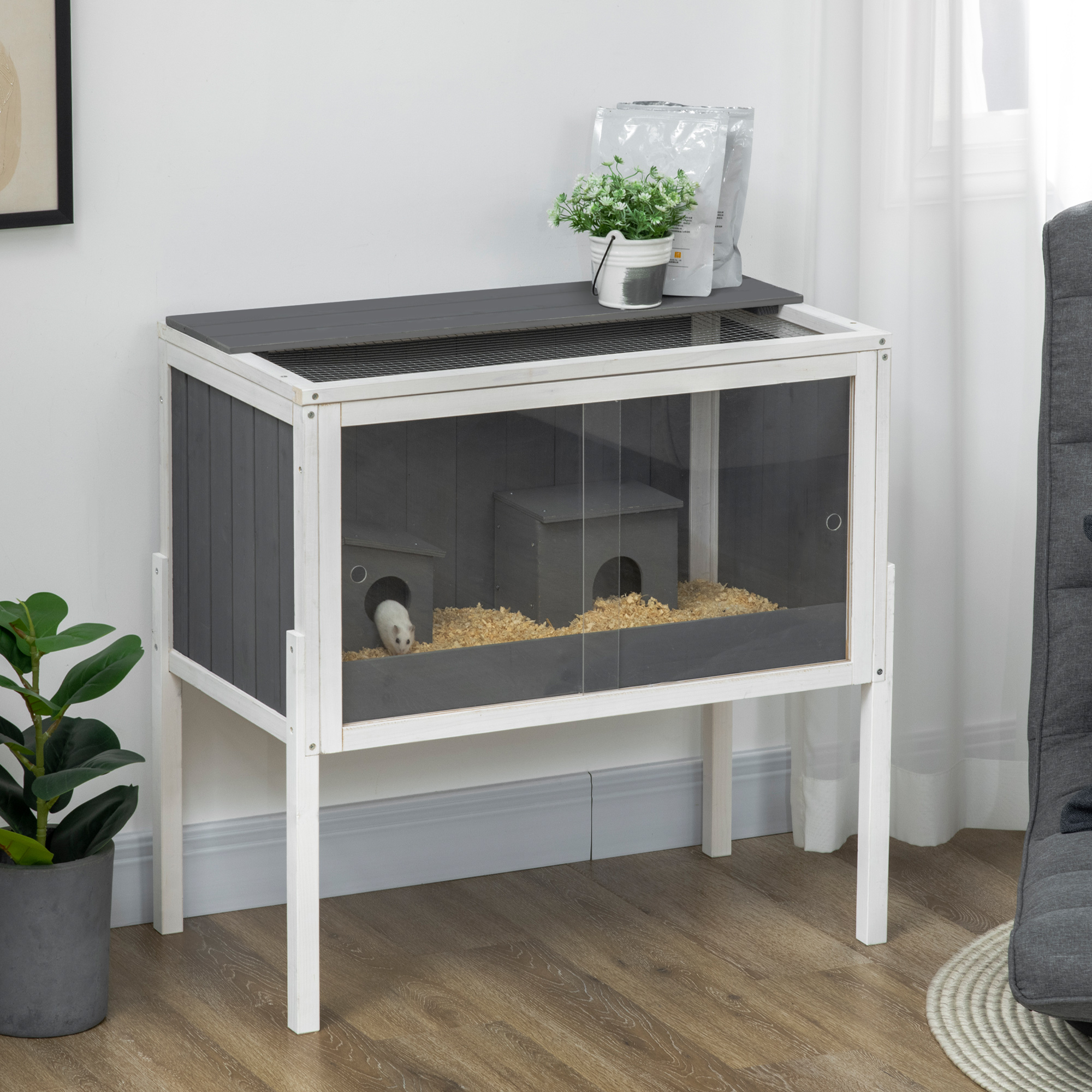 Hamsterkäfig, 3000 cm² Zwerghamsterkäfig aus Holz und Metall, mit 2 Hütten, Acrylschiebetüren, stabil, sicher, Grau+Weiß