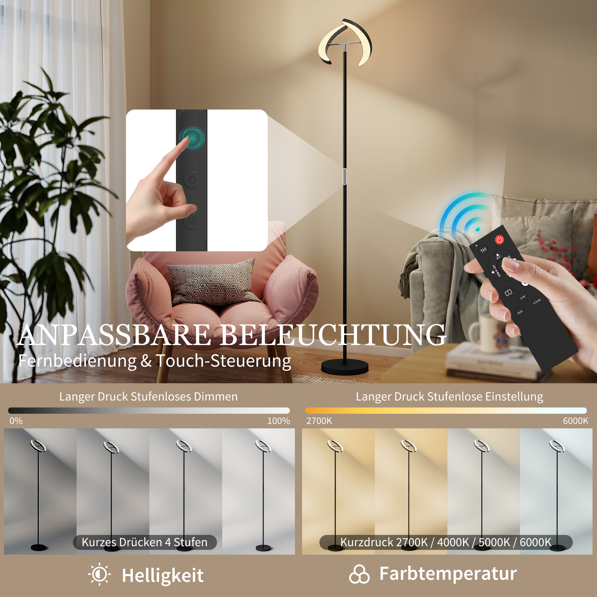 RGB Stehlampe, dimmbare Lampe mit mehrfarbigen Beleuchtungsmöglichkeiten, drehbar, Schwarz