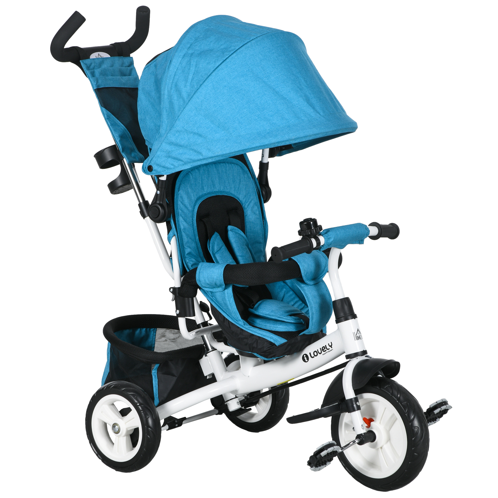 Kinder-Dreirad, Kinderfahrrad, Rückenkorb, Becherhalter, Sonnendach, Metall, Blau