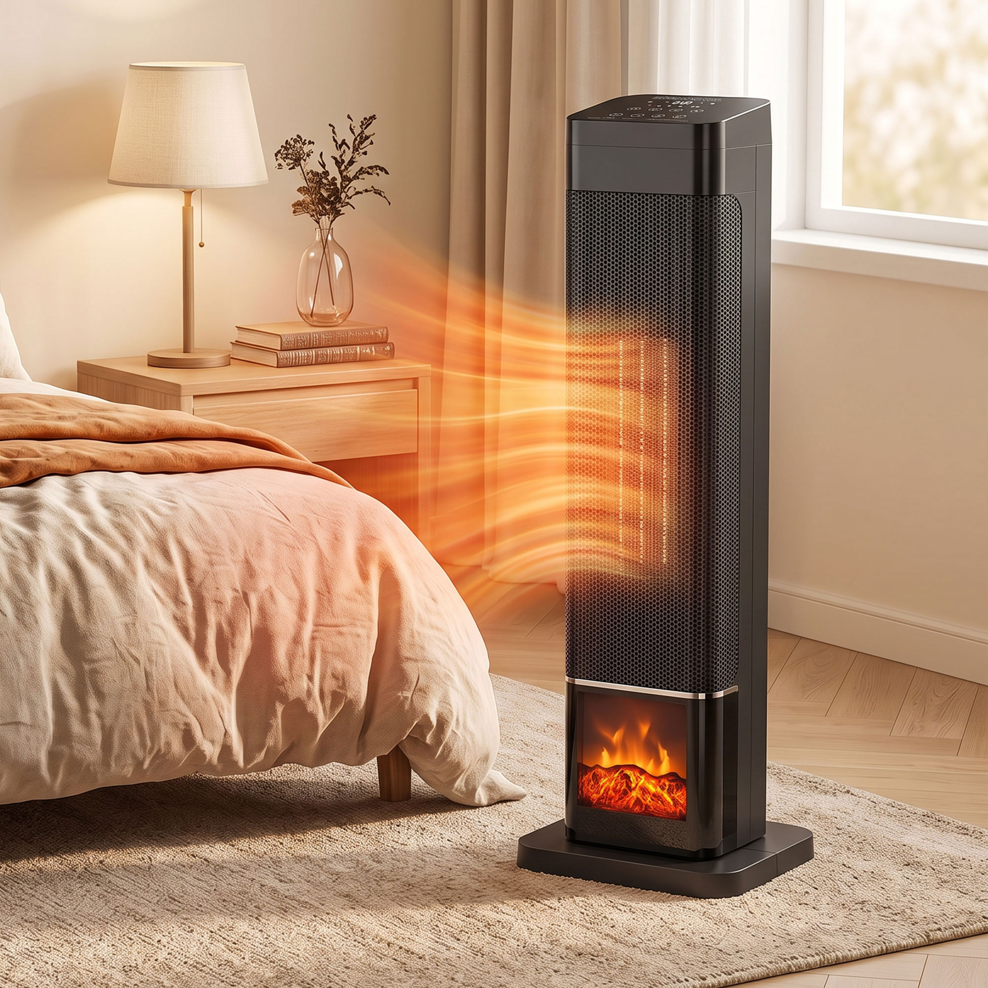 Heizlüfter 2000W Keramik Flammeneffekt Thermostat Elektroheizung Fernbedienung Schwarz