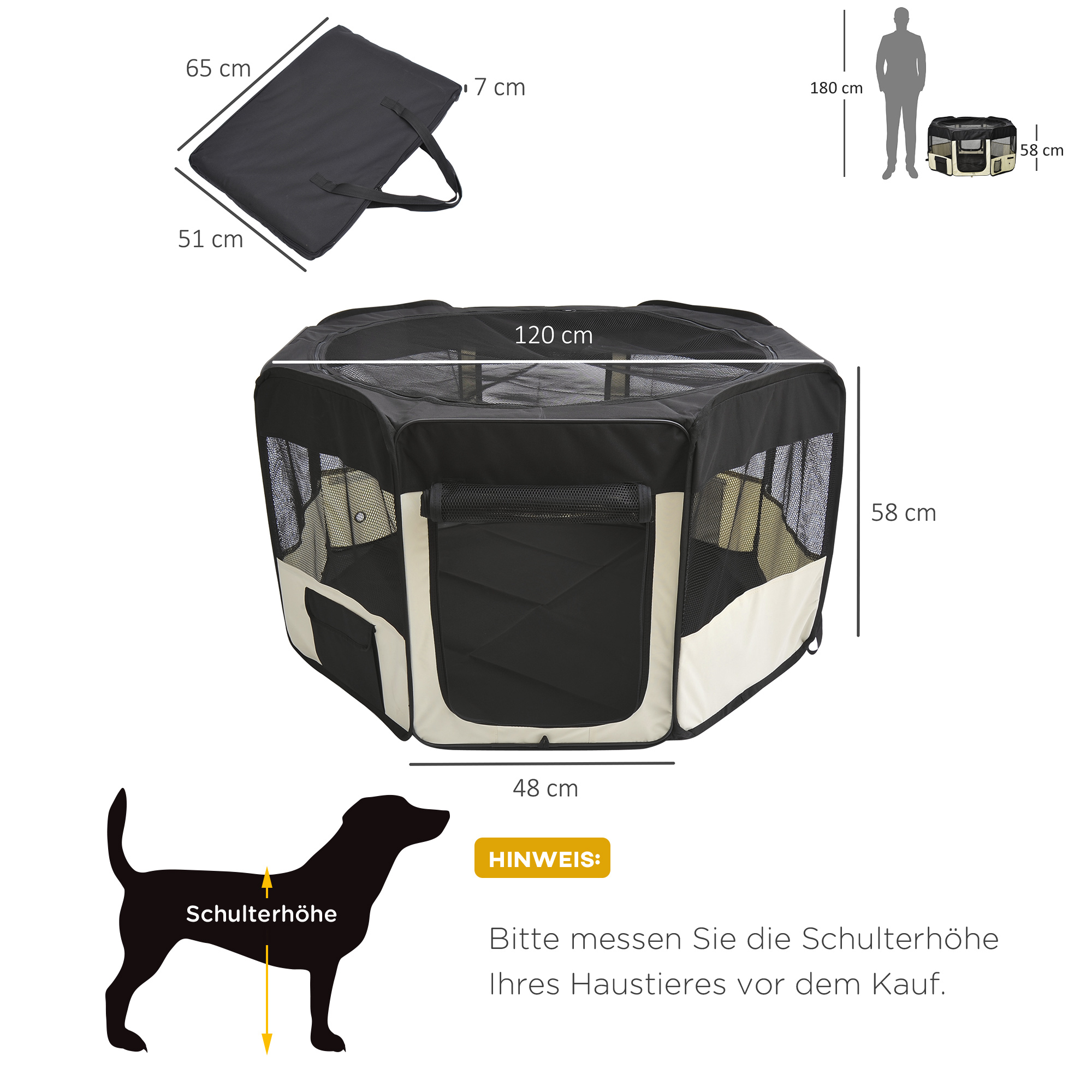 Welpenauslauf, Faltbar Welpenlaufstall mit Netzabdeckung, Laufstall für Hunde, Katzen, Kleintiere, Hundelaufstall aus atmungsaktives Netz, für Wohnung, Ø120 x 58H cm  Schwarz+Cremeweiß