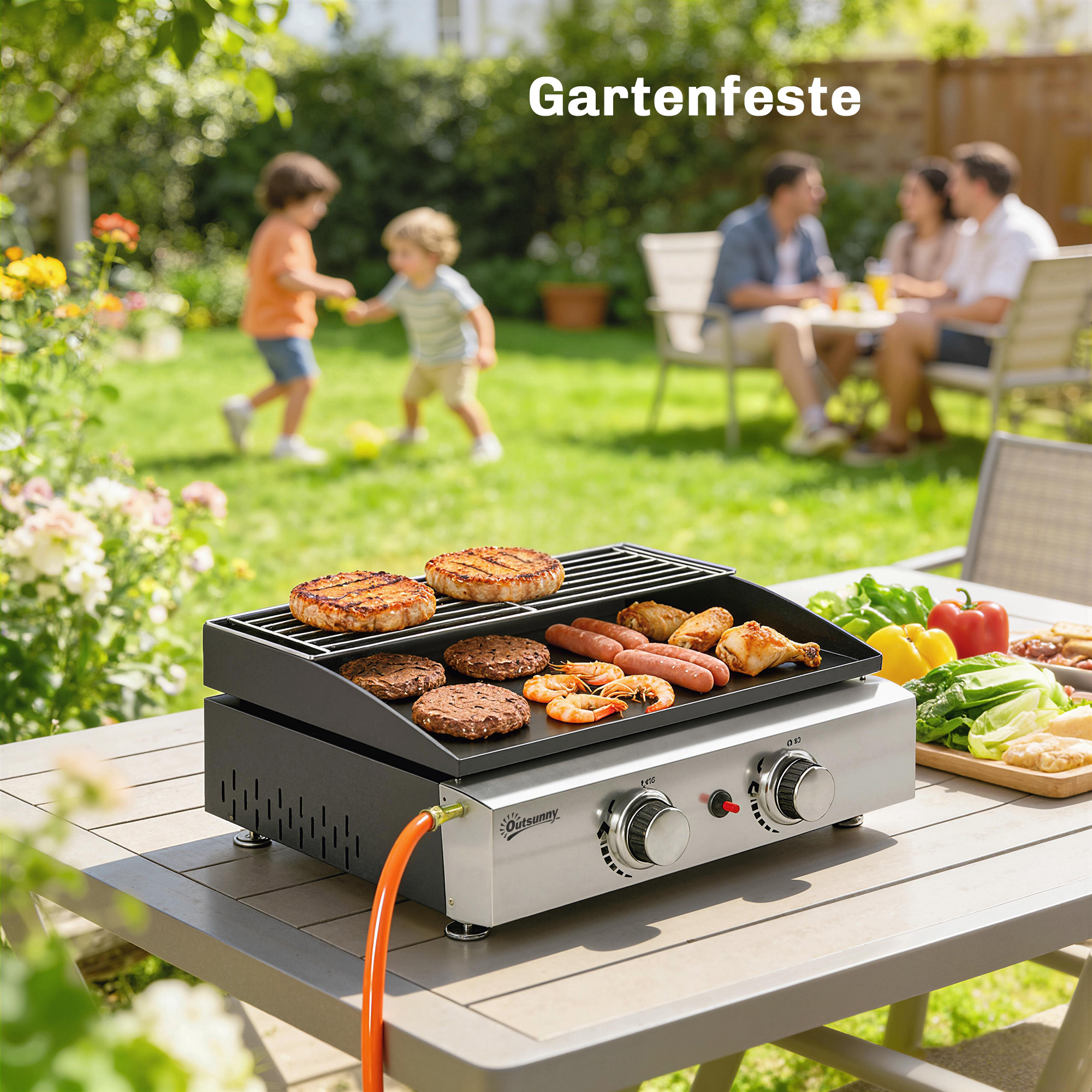 Gasgrill 5kW Tragbarer Tischgrill mit 2 Brenner Keramische Lackbeschichtung Grillrost Warmhalterost