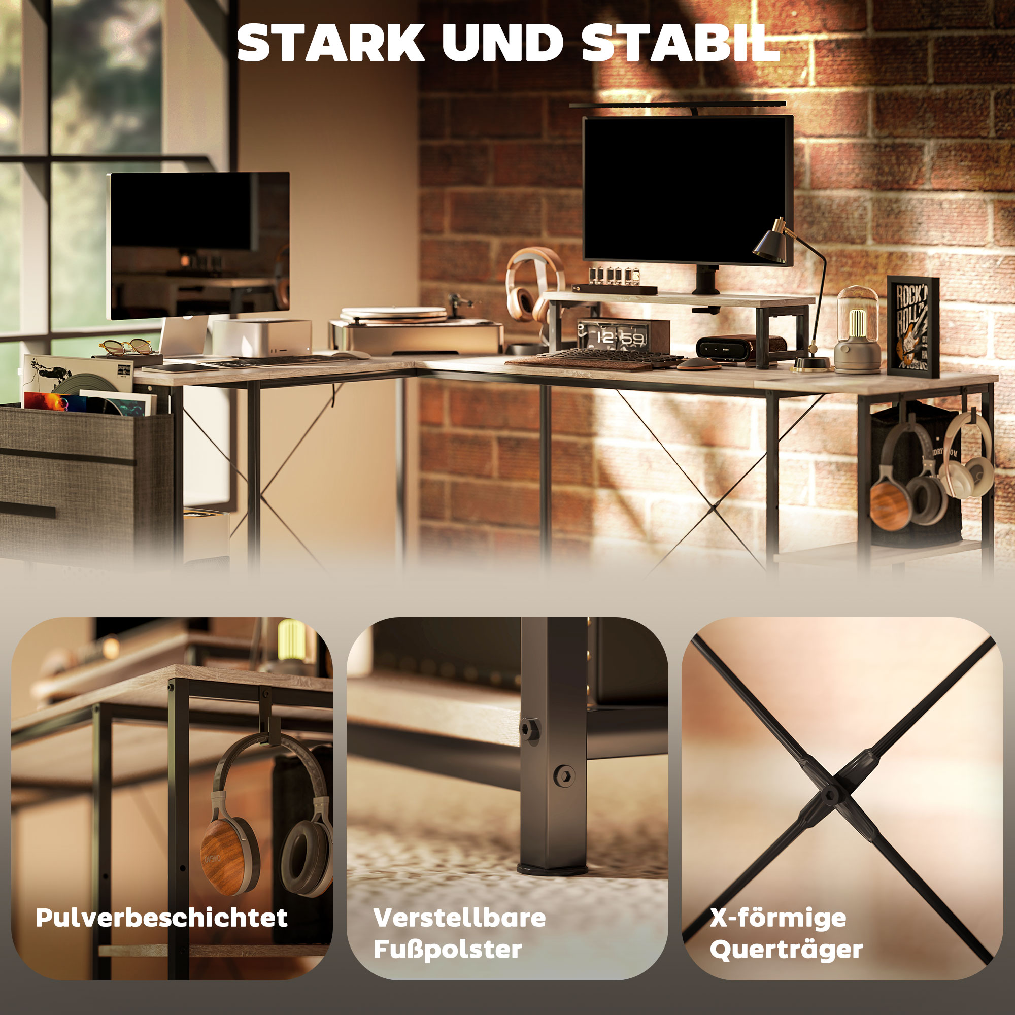 L-förmiger Schreibtisch, Vielseitiger Bürotisch mit einstellbaren Regalen und Aufbewahrungstasche, Monitorständer, Natur