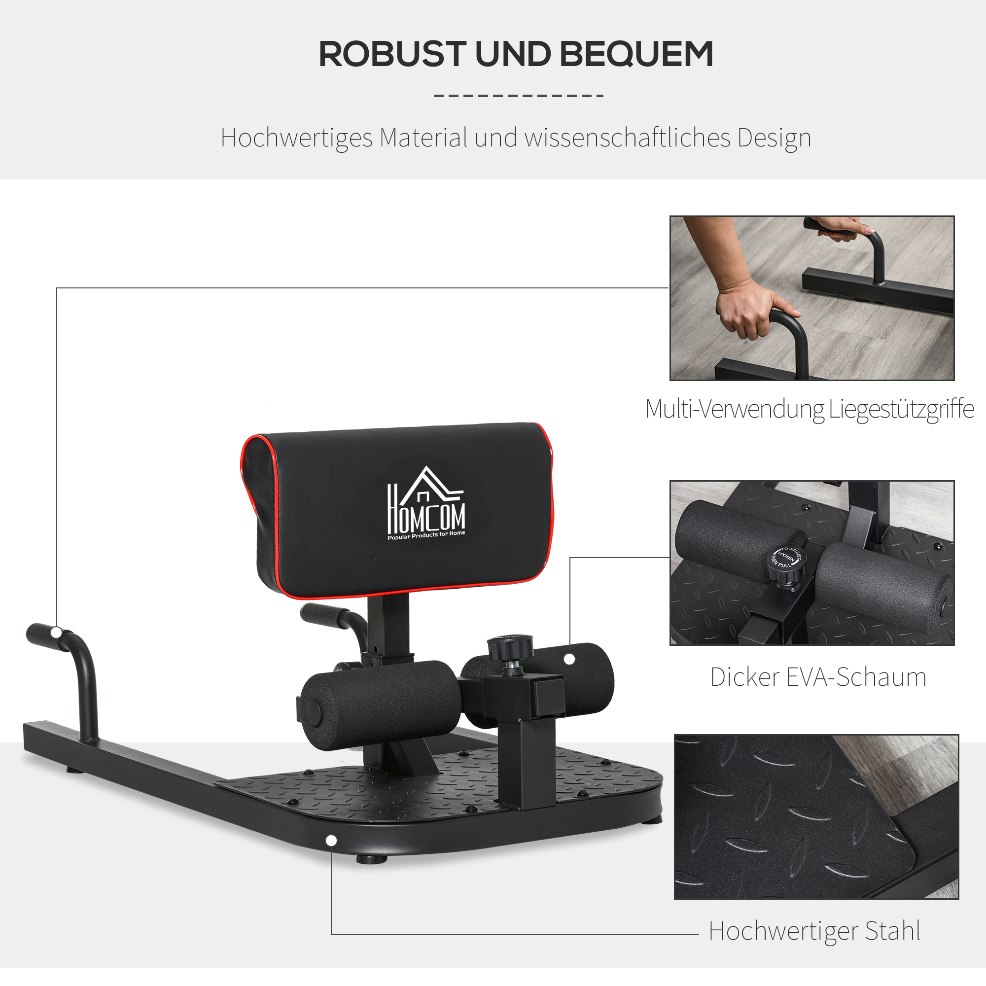 Sissy Squat Kniebeugentrainer Beintrainer Bauch-Gesäß-Trainer 3 in 1 Trainer verstellbar bis 120 kg Stahl Schwarz 50 x 97 x (44,5-56,5) cm