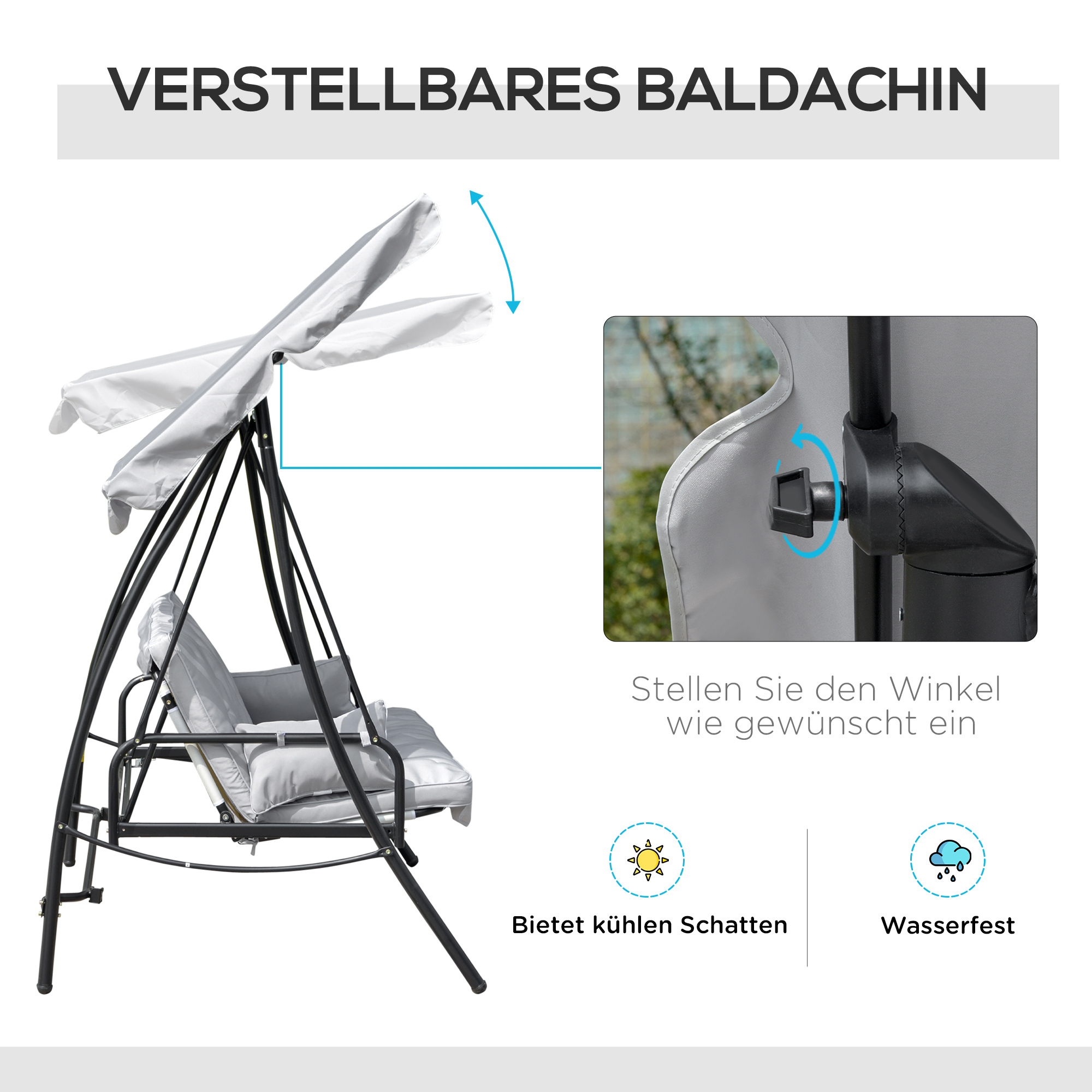 Hollywoodschaukel Gartenschaukel Schaukel Schaukelbank mit Liege-Funktion, 3 Sitzer, Metall+Polyester, Grau, 209 x 114 x 170 cm