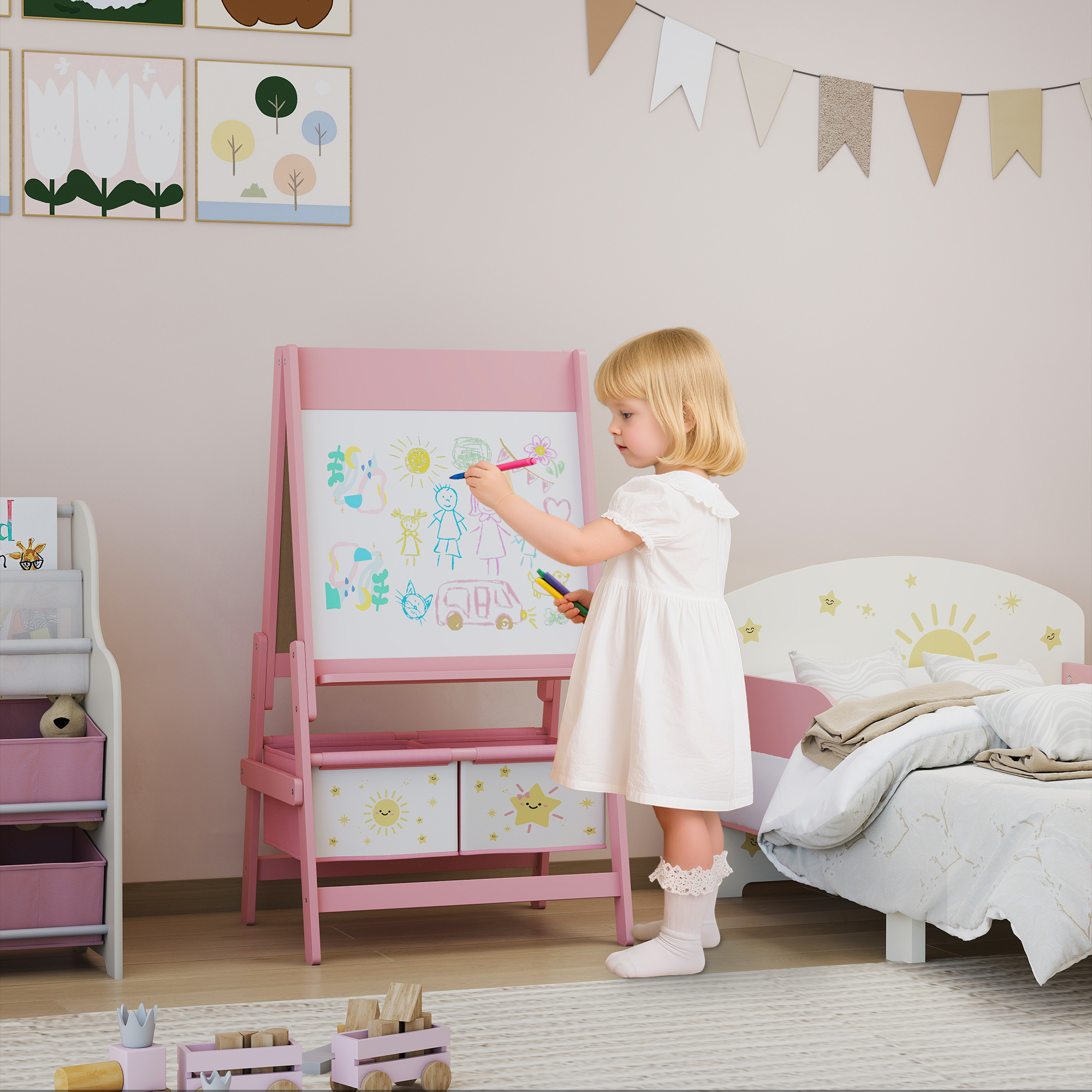 Kinder Staffelei 3 in 1 Kindertafel mit Kreidetafel, Whiteboard, Papierrolle, 2 Aufbewahrungsboxen, für 3-8 Jahre Rosa