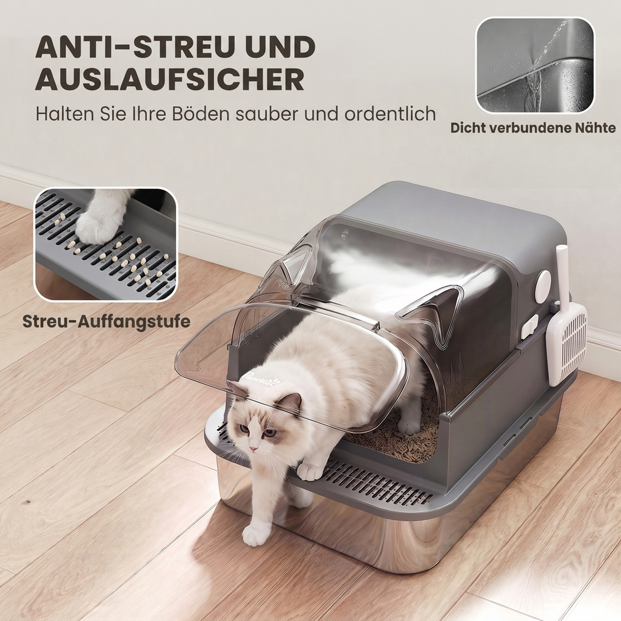 Katzenklo Edelstahl mit Abnehmbar Deckel XL 92L für große Katzen 3 in 1 mit Schaufel hoher Ränder