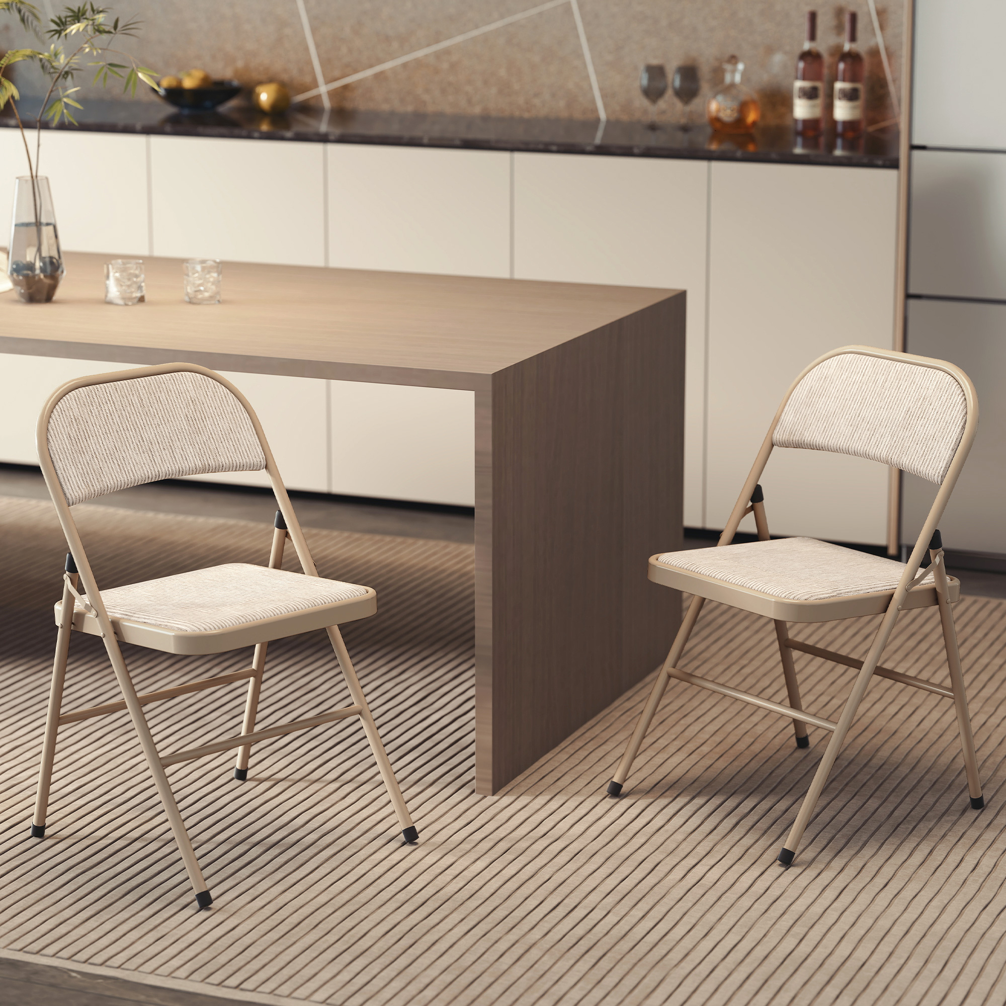 2er-Set Klappstühle, tragbare Bürostühle, Metallbeine, Faltstuhl für Büro, Empfang, Wartezimmer, Leinenoptik, Beige