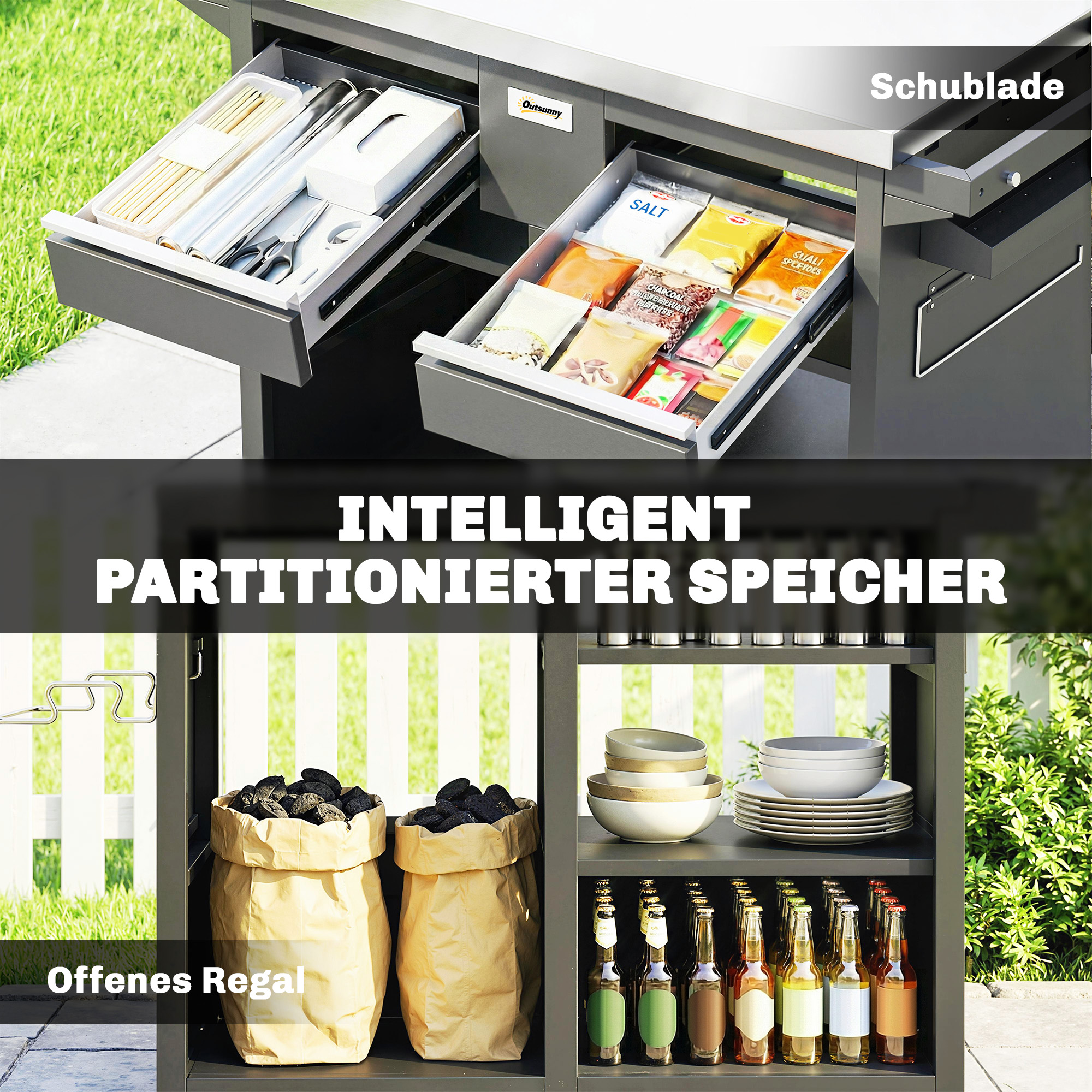 Grillwagen 5-Etagen Grilltisch mit Edelstahl Arbeitsfläche verstellbar Regale Schublade Rollen Gewürzhalter Müllständer