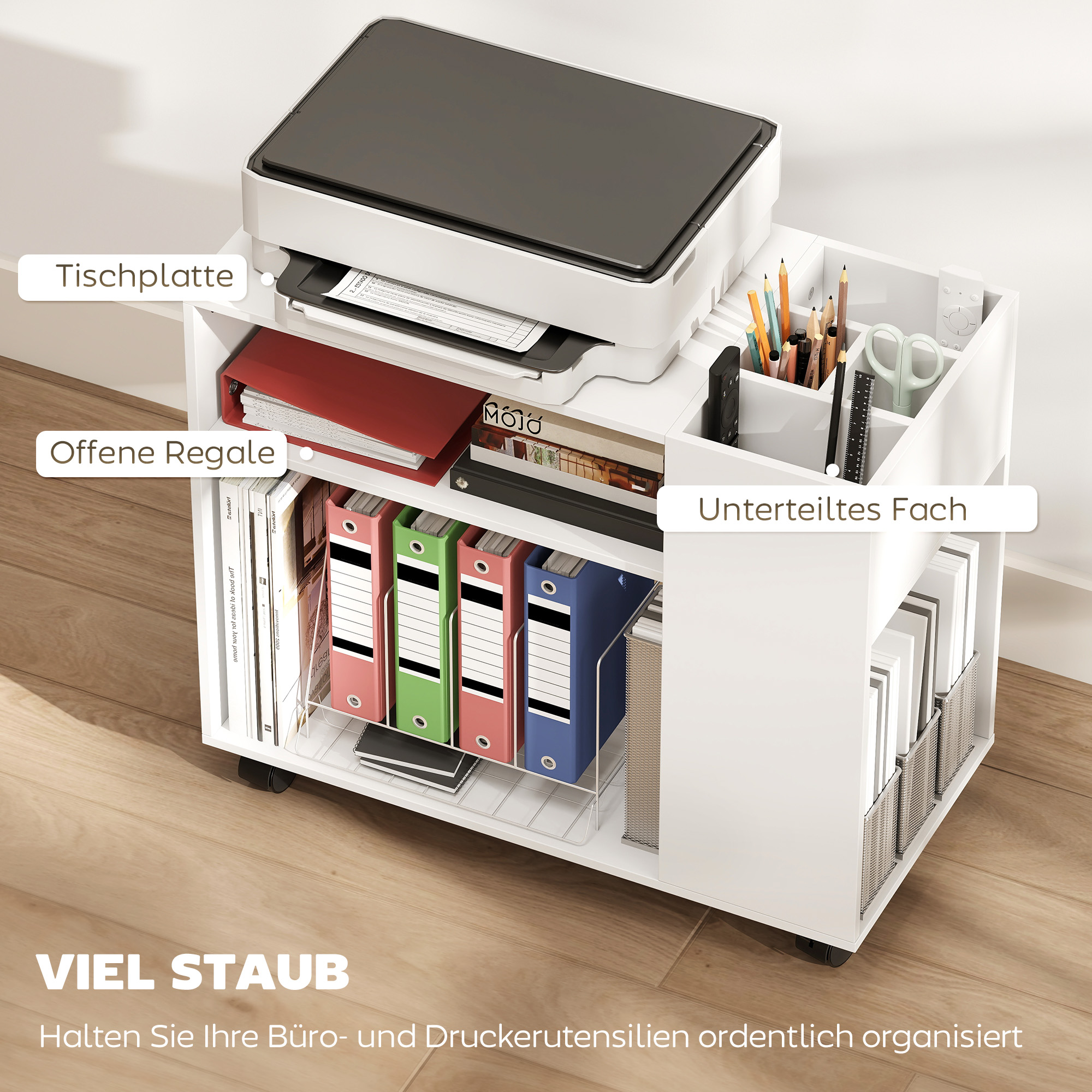 Druckerständer Druckertisch mit Unterteiltem Fach, Ablageflächen für Büro 70 x 34 x 60 cm Weiß
