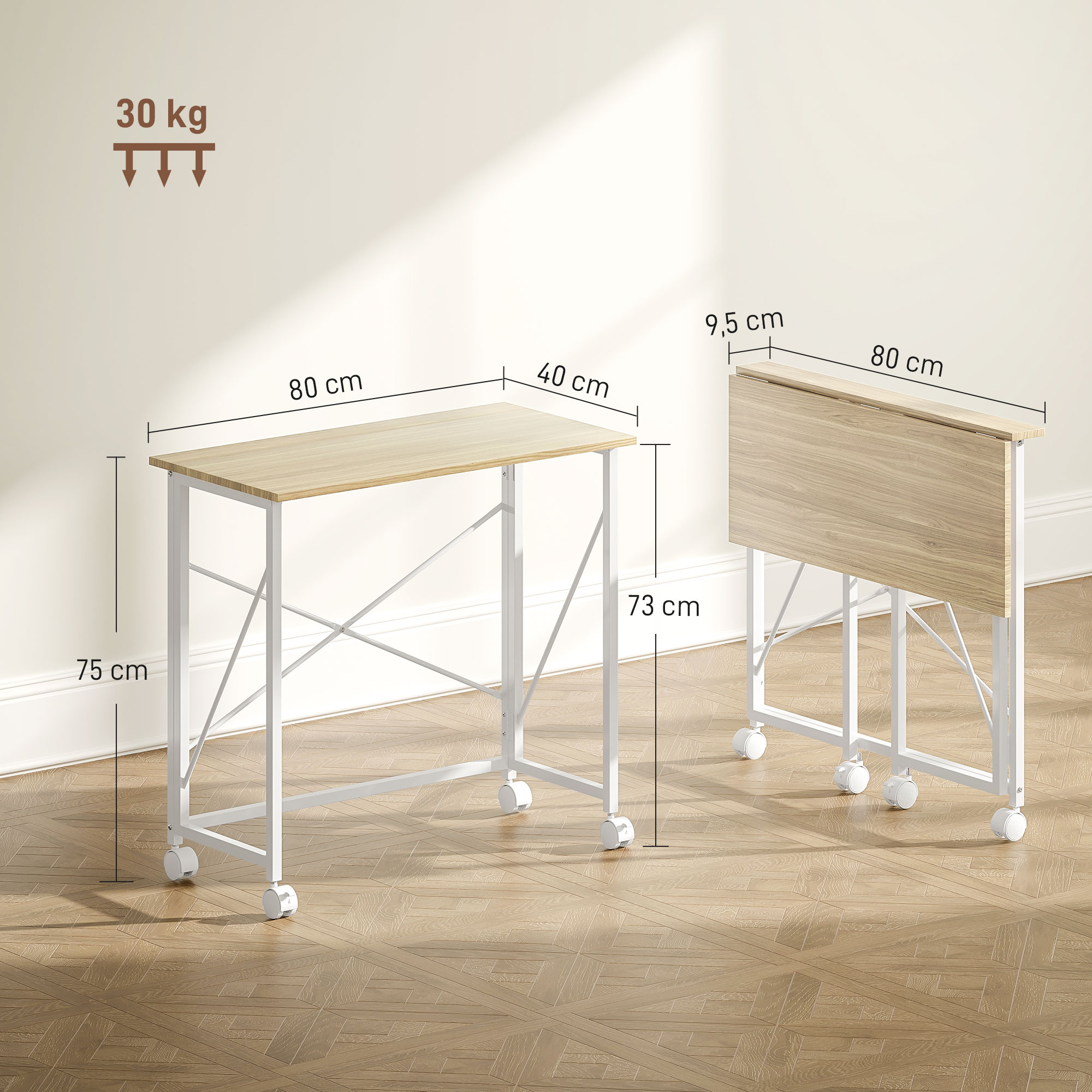 Klappbarer Schreibtisch mit Rädern, platzsparend, Stahl, MDF, Natur