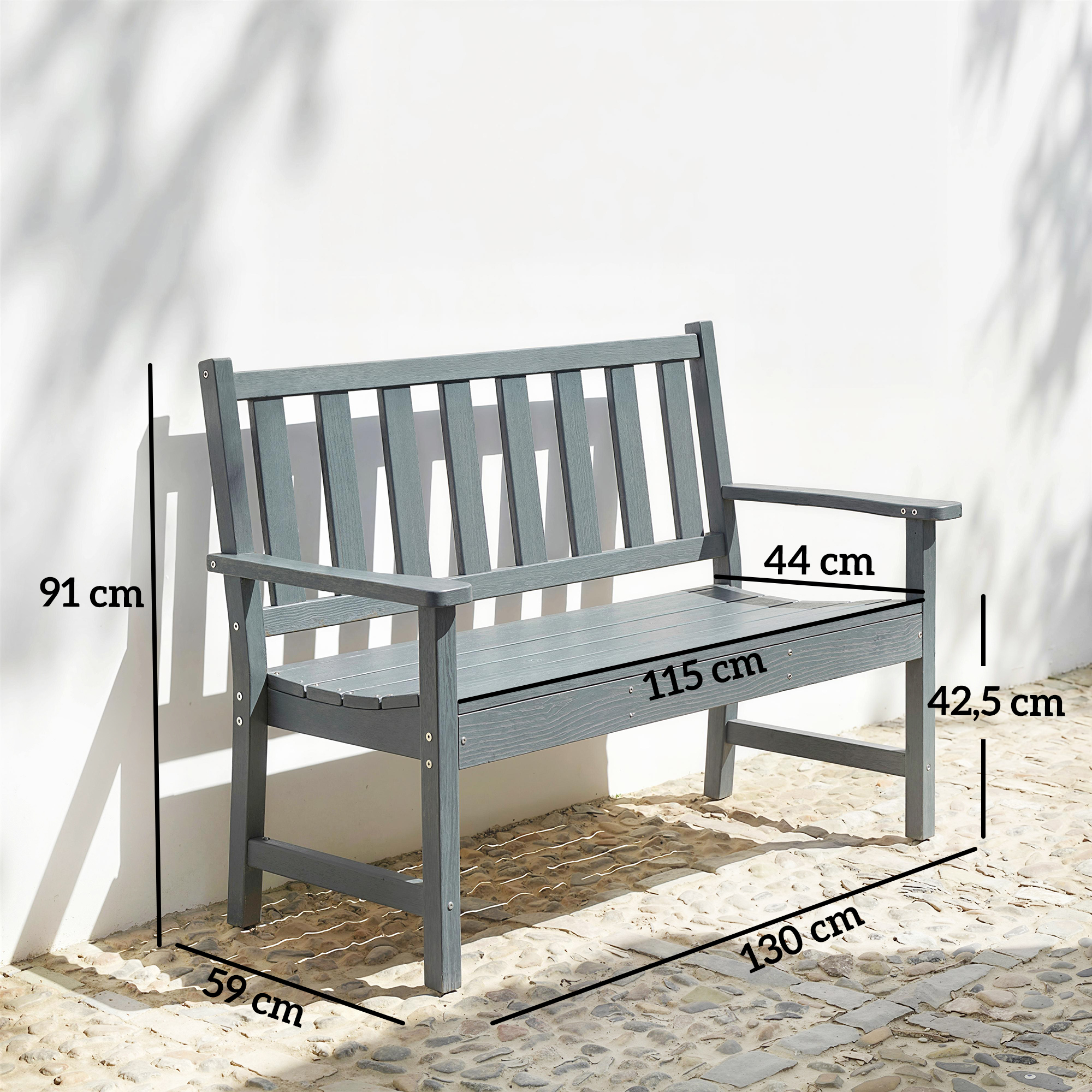 Gartenbank 2-Sitzer wetterfest Kunststoff Outdoor Sitzbank mit Lamelldesign Holzoptik Rückenlehne Grau