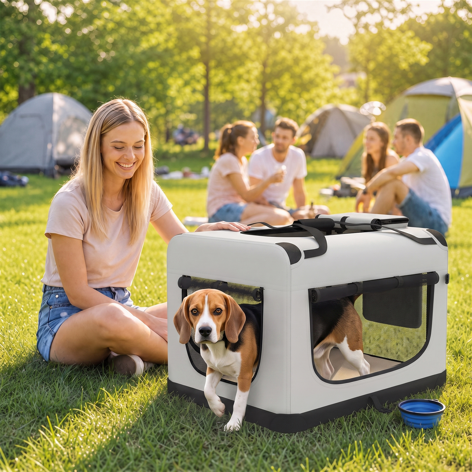 Transporttasche für Haustiere, weichw. Hundetragetasche mit Sicherheitsleine, Kissen und Napf, Hellgrau