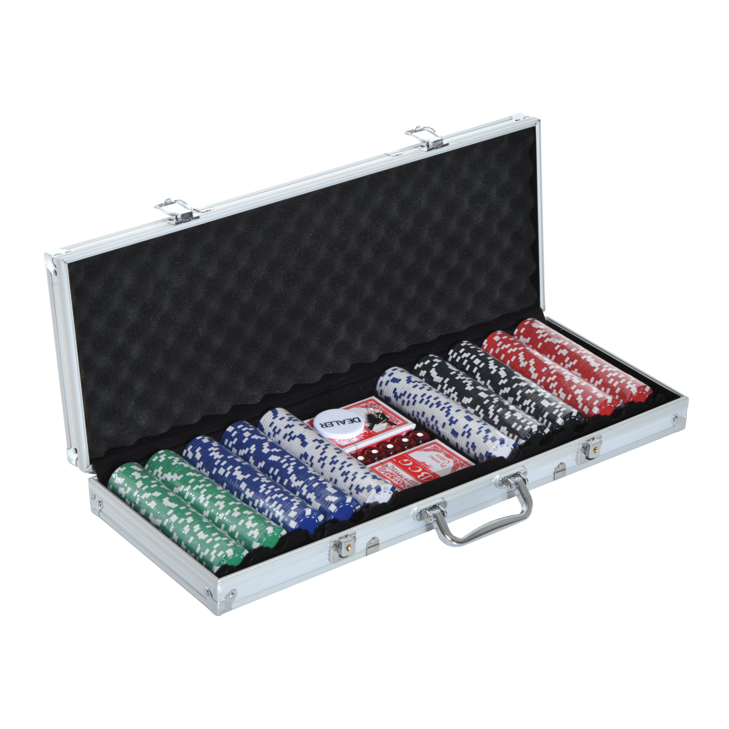 Pokerset, 500 Chips, 2 Kartendecks, 5 Würfel, Aluminium-Koffer, verschließbar Pokerset, 500 Chips, 2 Kartendecks, 5 Würfel, Aluminium-Koffer, verschließbar