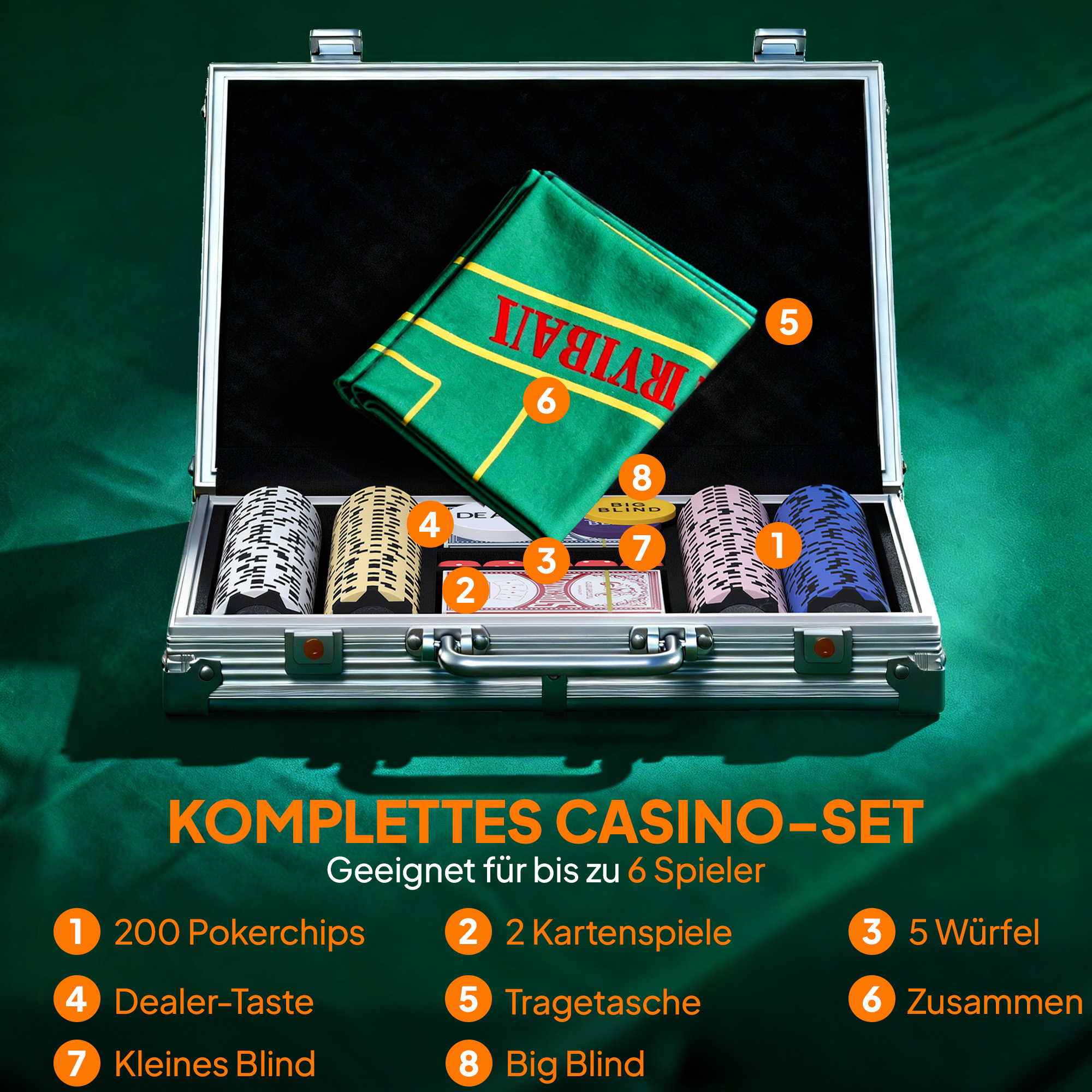 Pokerchips-Set in Koffer, mit Würfeln, Dealer-Button, 2 Kartendecks, Silberfarben